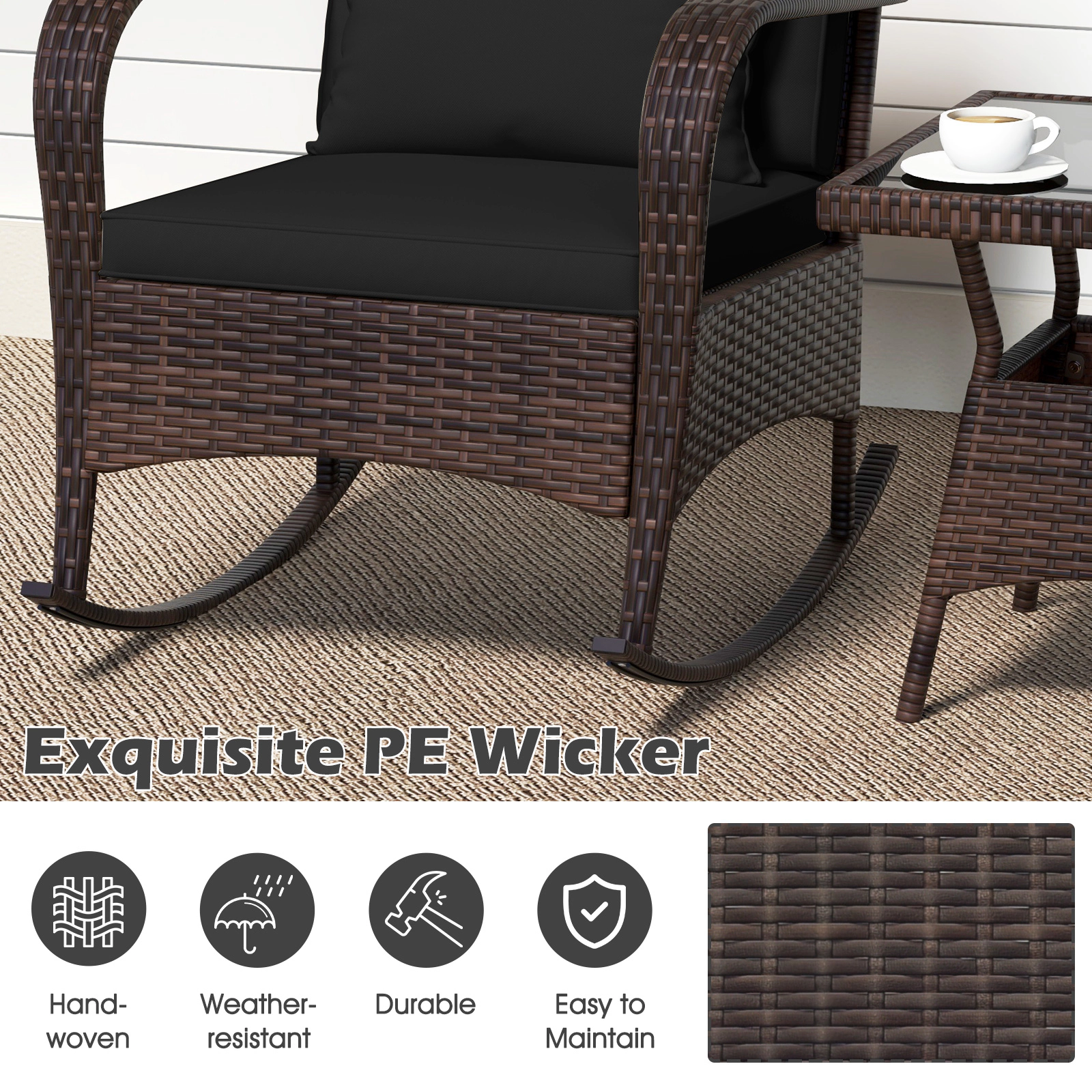 Hivvago 3 Piece Outdoor Rocking Set with Tempered Glass Coffee Table for Backyard Poolside