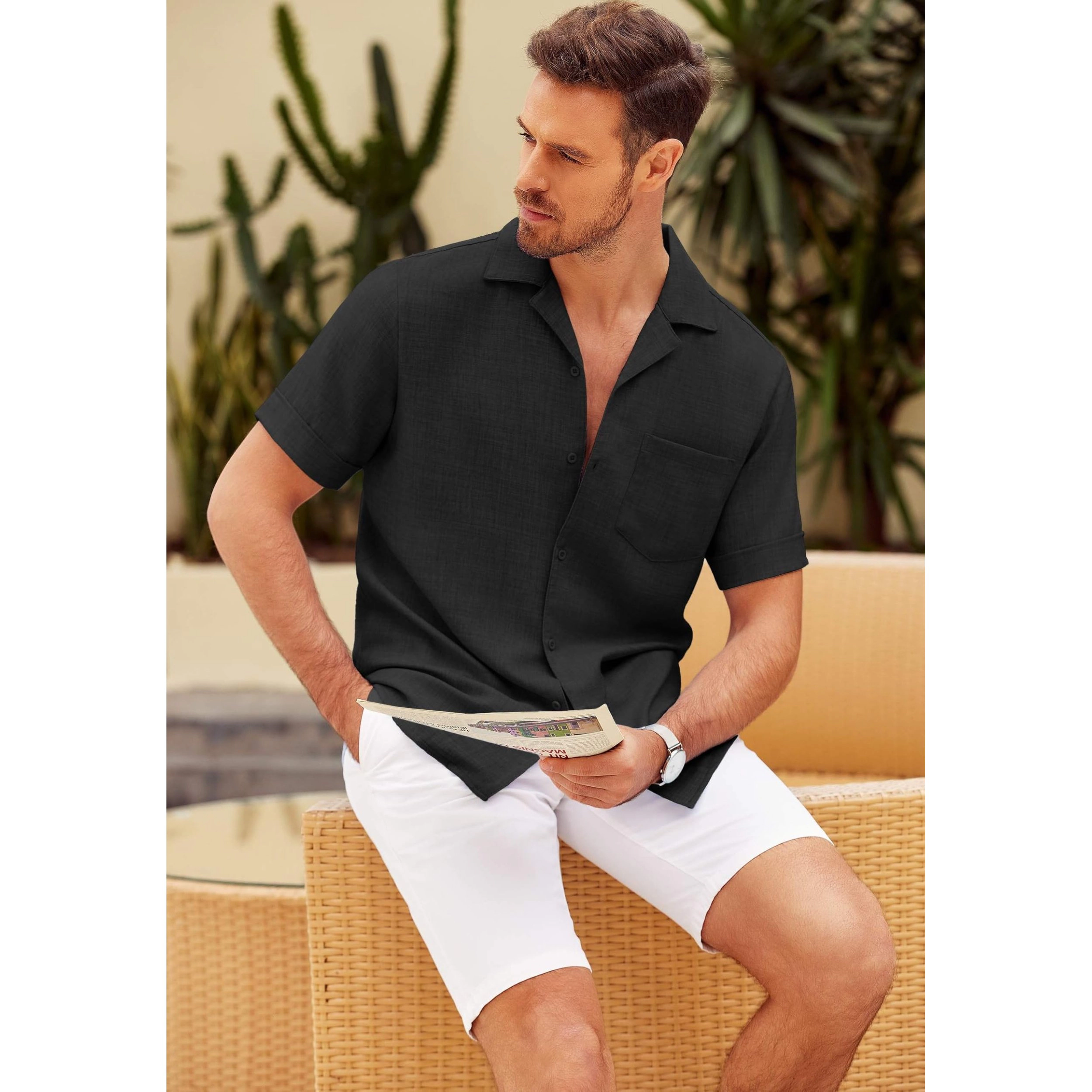 COOFANDY Men's Regular Fit Lightweight Linen Blend Short Sleeve Camp Shirt