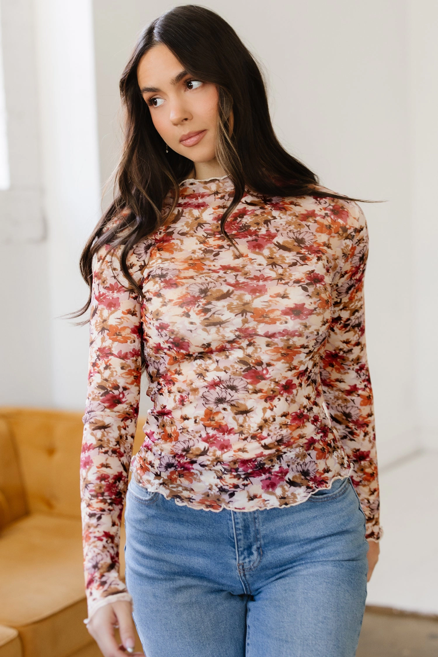 Threaded Pear Women's Virginia Floral Print Mesh Long Sleeve Top
