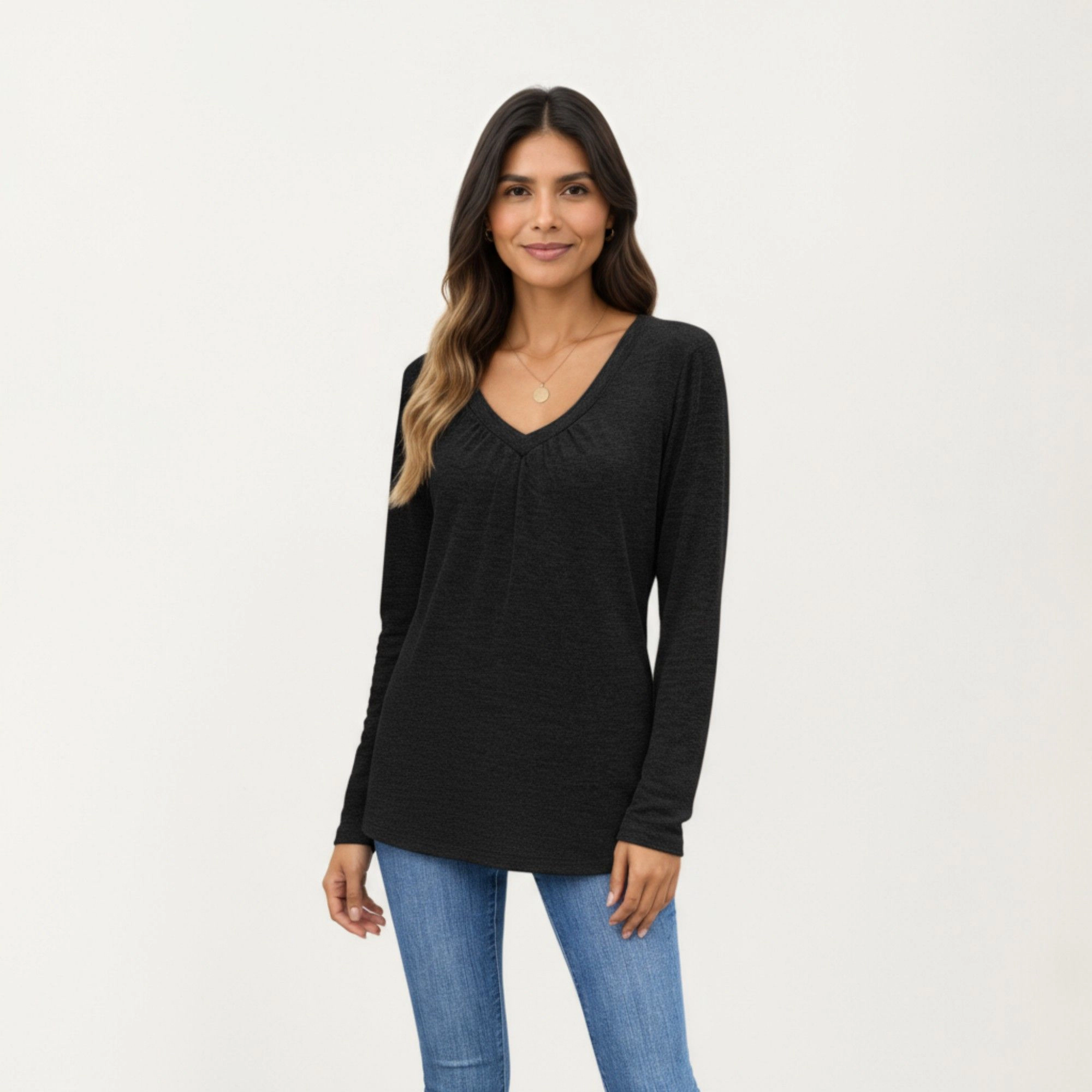 Anna-Kaci Women's V-Neck Front Pleat Relaxed Fit Long Sleeve Top
