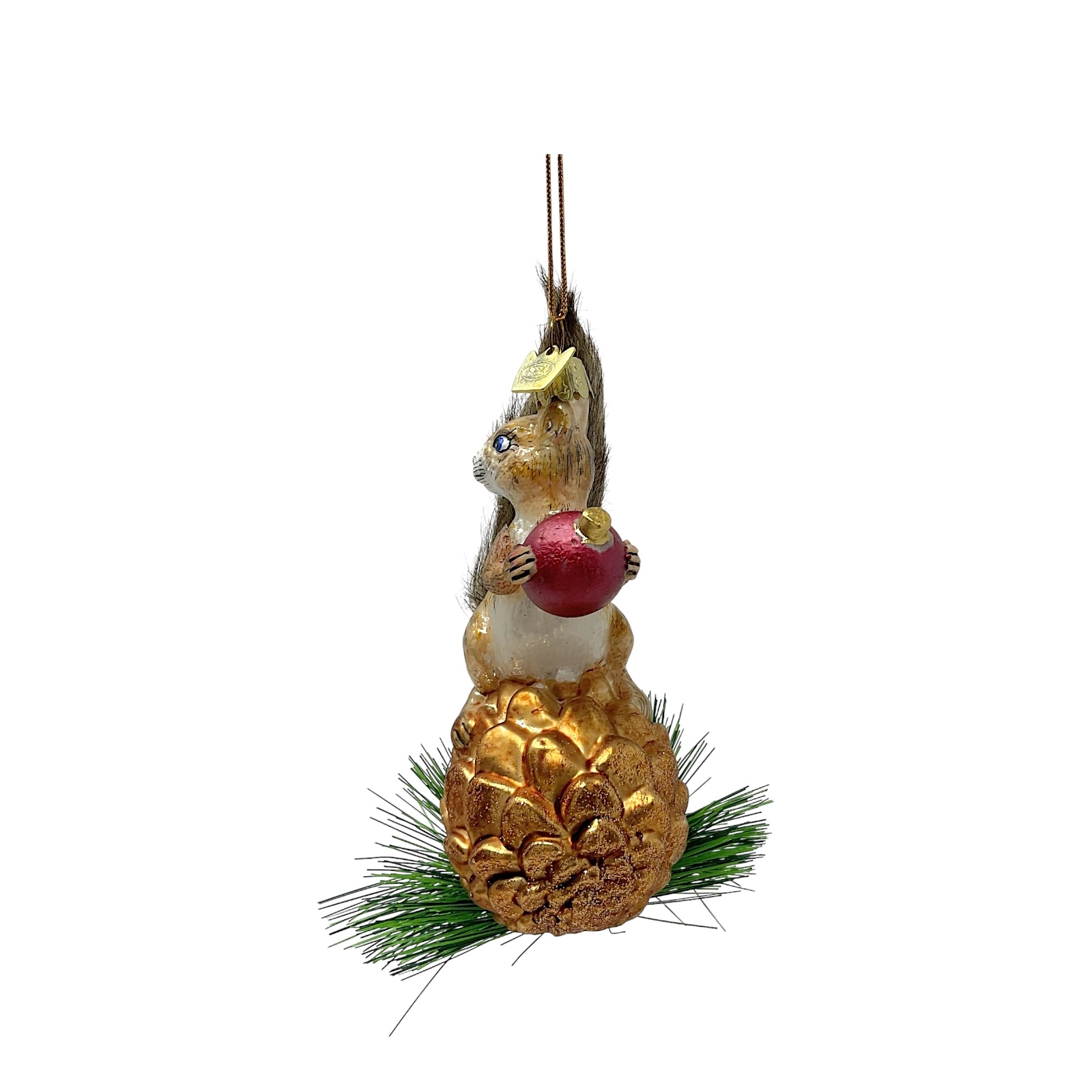 Kurt Adler Noble Gems Brown Squirrel on Pinecone Glass Christmas Tree Ornaments 6 inch