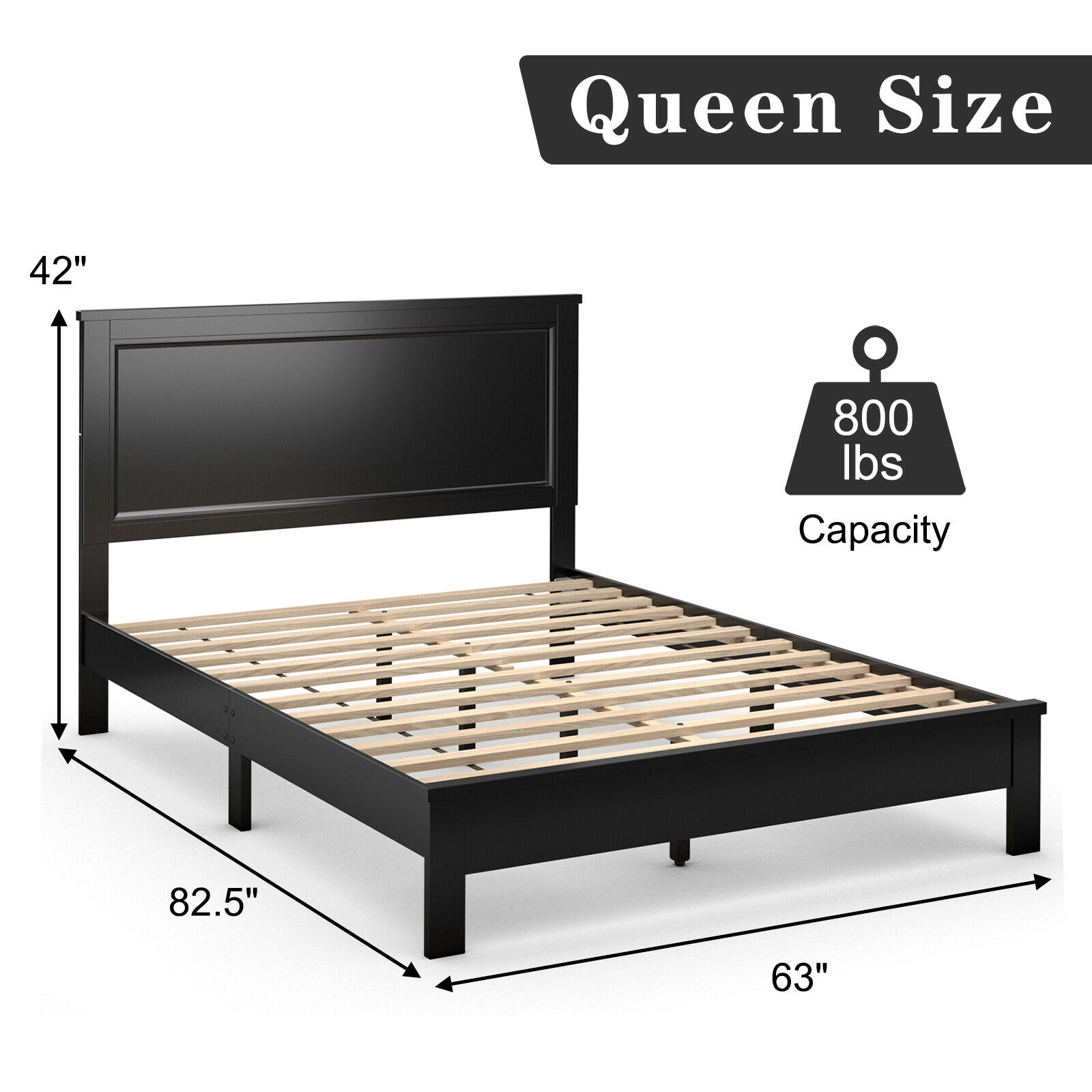 SUGIFT High Slat Panel Headboard and Rubber Wood Legs Queen Size Platform Bed Frame