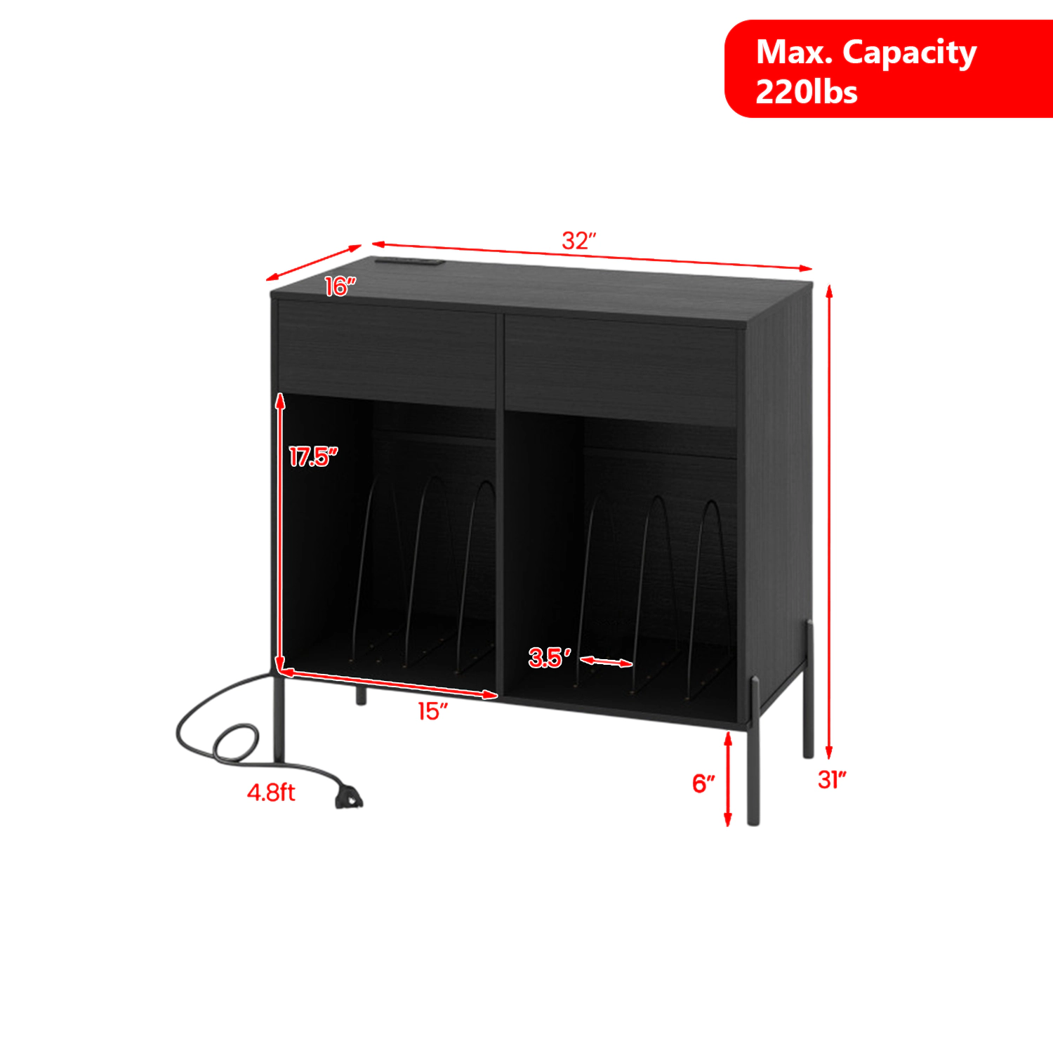Hivvago Double-Wide Turntable Stand with Power Outlets and Vinyl Storage