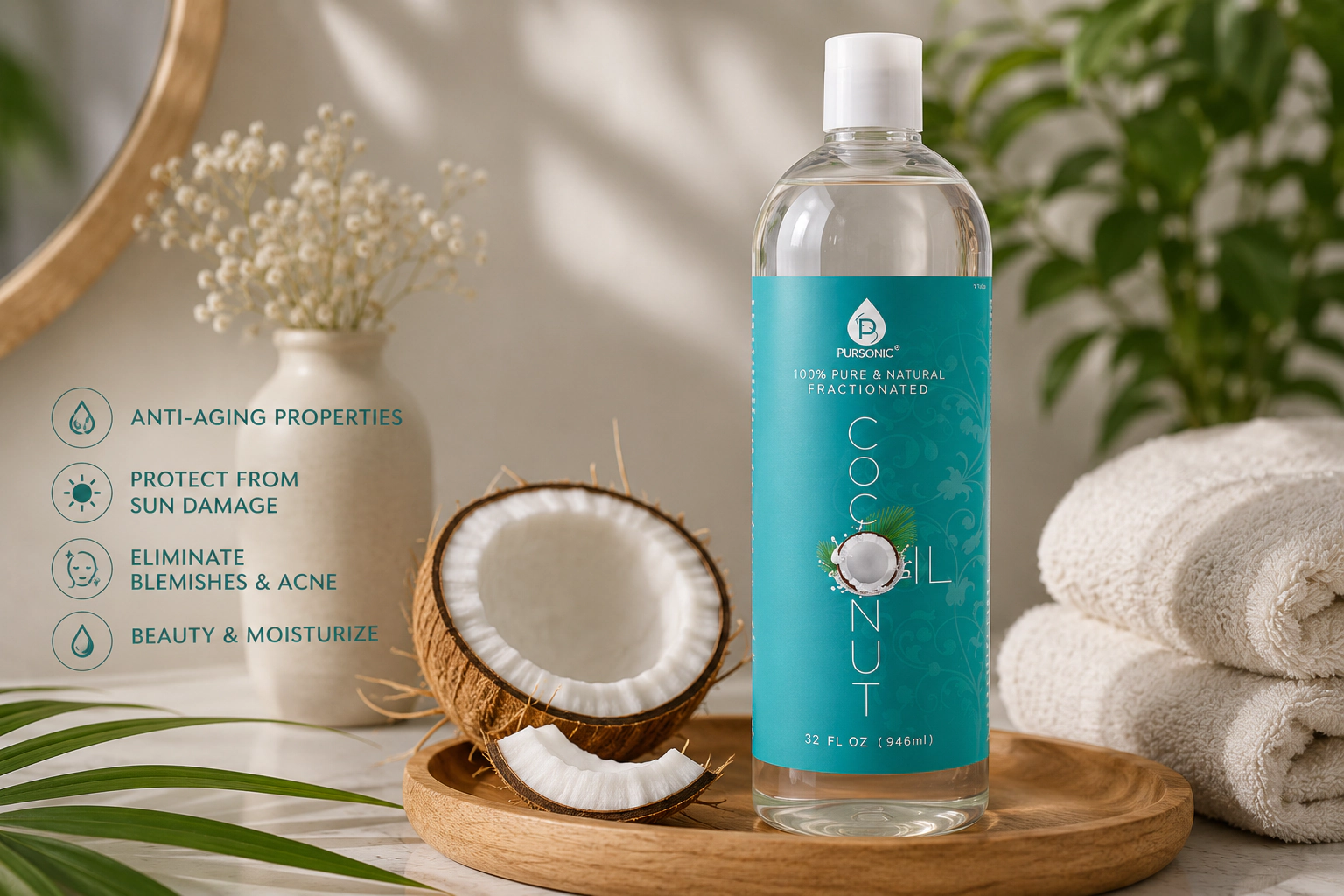 Pursonic Unisex 100% Pure Fractionated Coconut Oil for Massages, Therapeutic Recipes & Essential Oils  32 Fl Oz