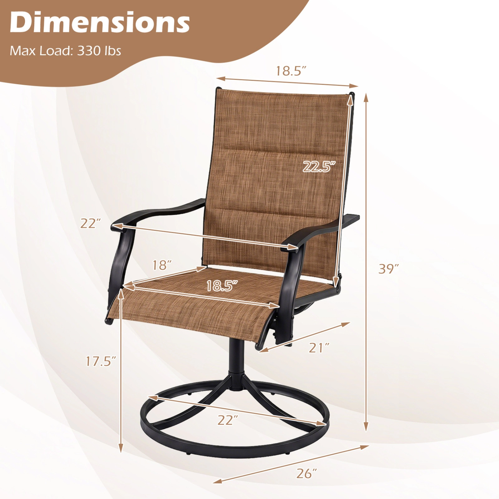 SUGIFT Set of 2 Padded Swivel Patio Dining Chairs with Curved Armrests and Metal Frame