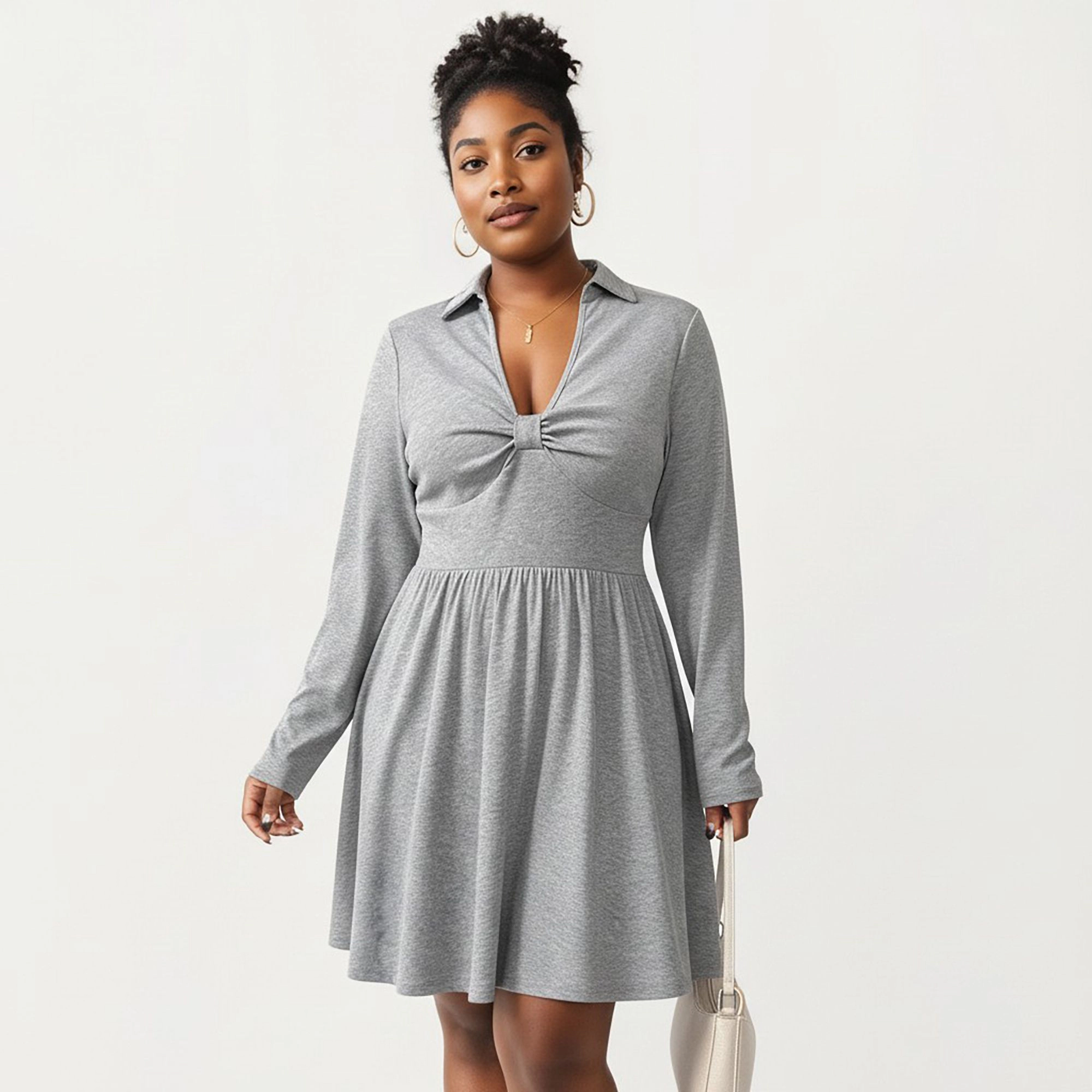 Anna-Kaci Women's Plus Long Sleeve Collared Neck Twist Front Detail Flowy Skirt Knit Dress