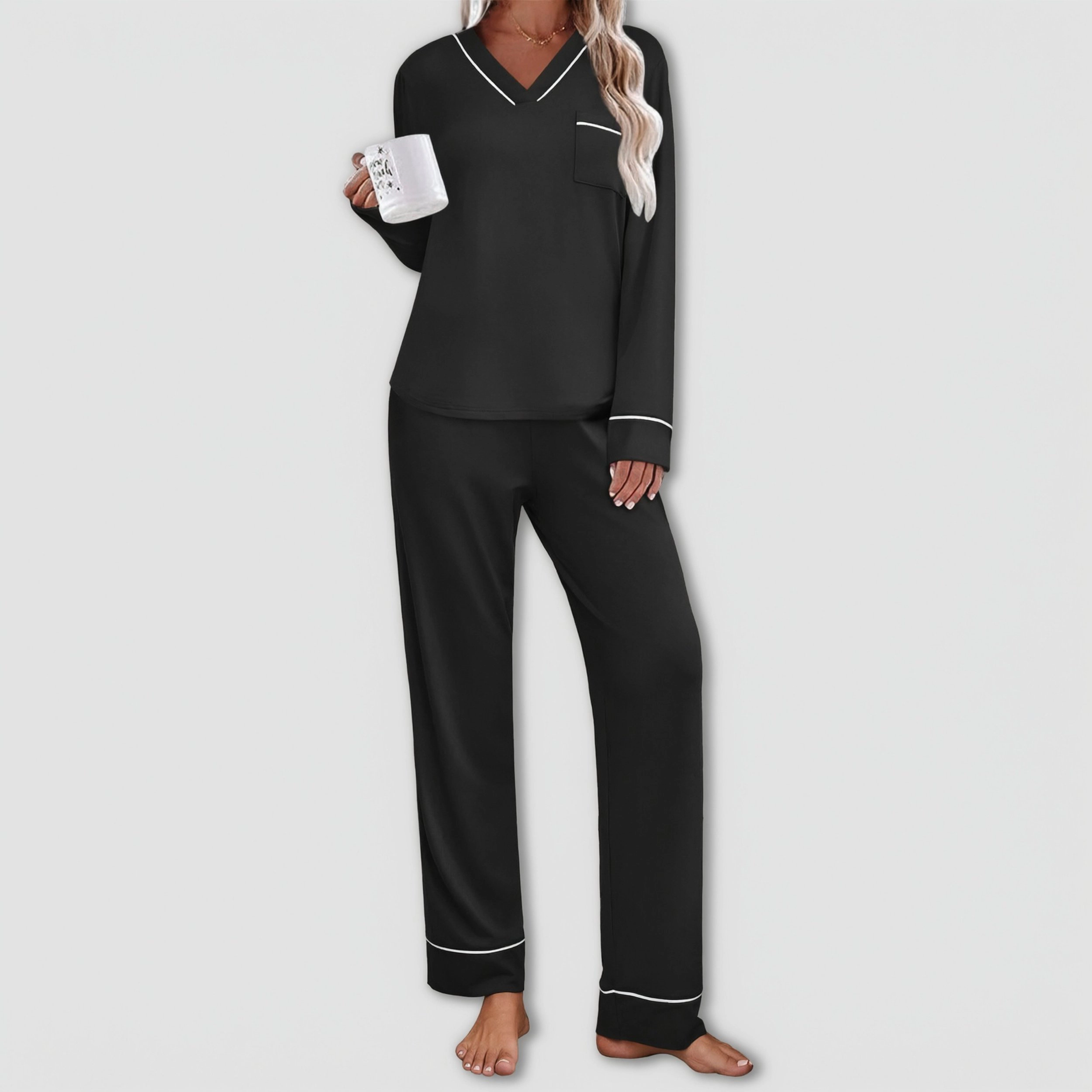 Ekouaer Womens Pajamas Sets Two Piece V Neck Long Sleeve Sleepwear Pants with Pocket