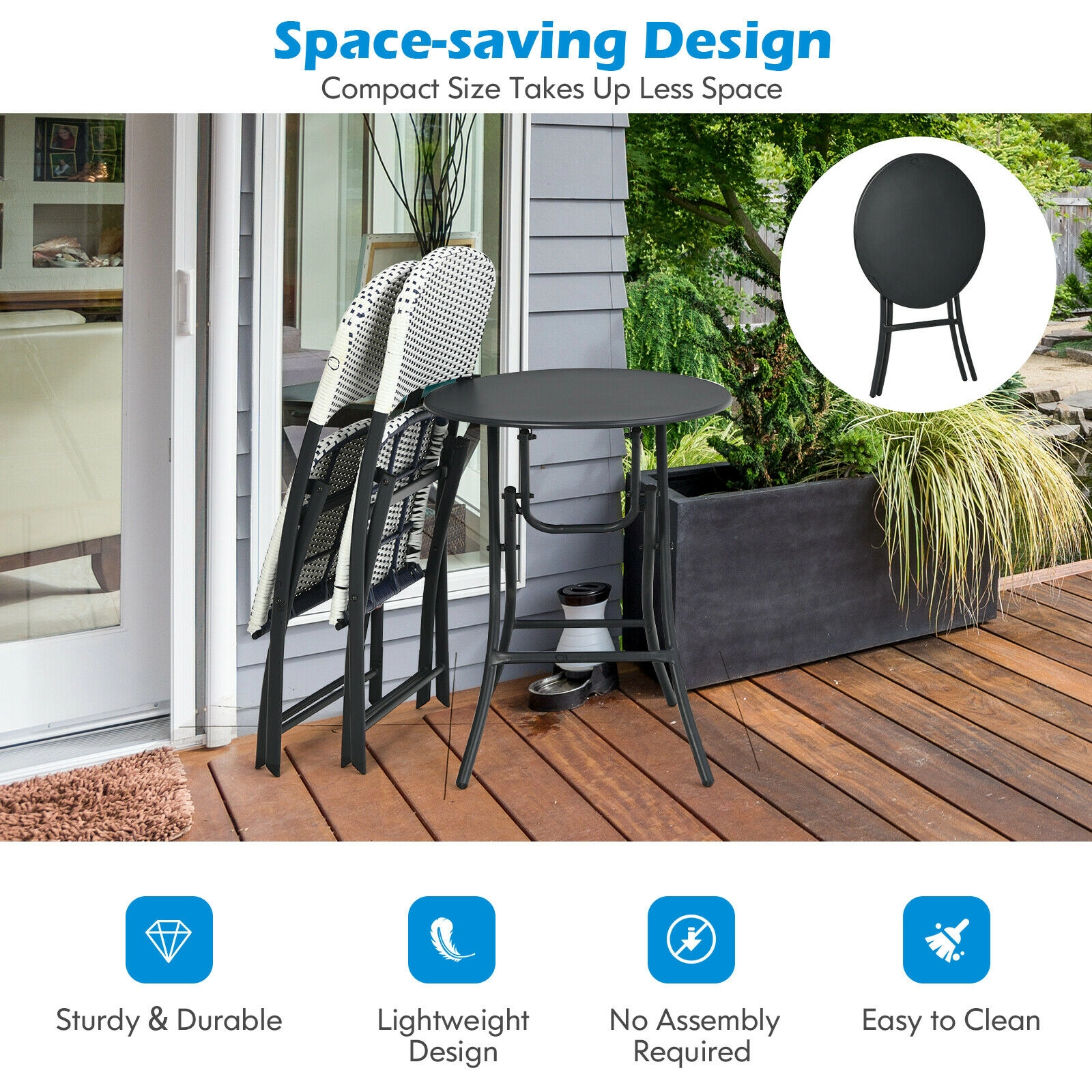 SUGIFT 3-Piece Folding Rattan Bistro Set, Round Table and 2 Chairs