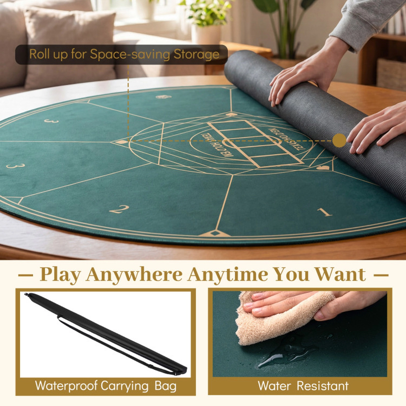 SUGIFT 55-in Round Poker Mat for Texas Hold'em with Anti-Slip Rubber Base and Lightweight Carrying Bag