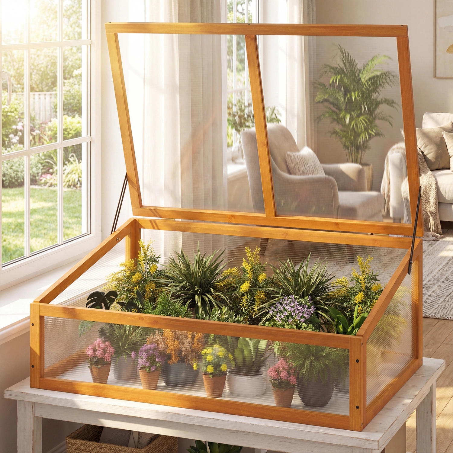 LJG Wood Cold Frame Greenhouse Raised Planter Bed Protection with Transparent Flip-Top Roof