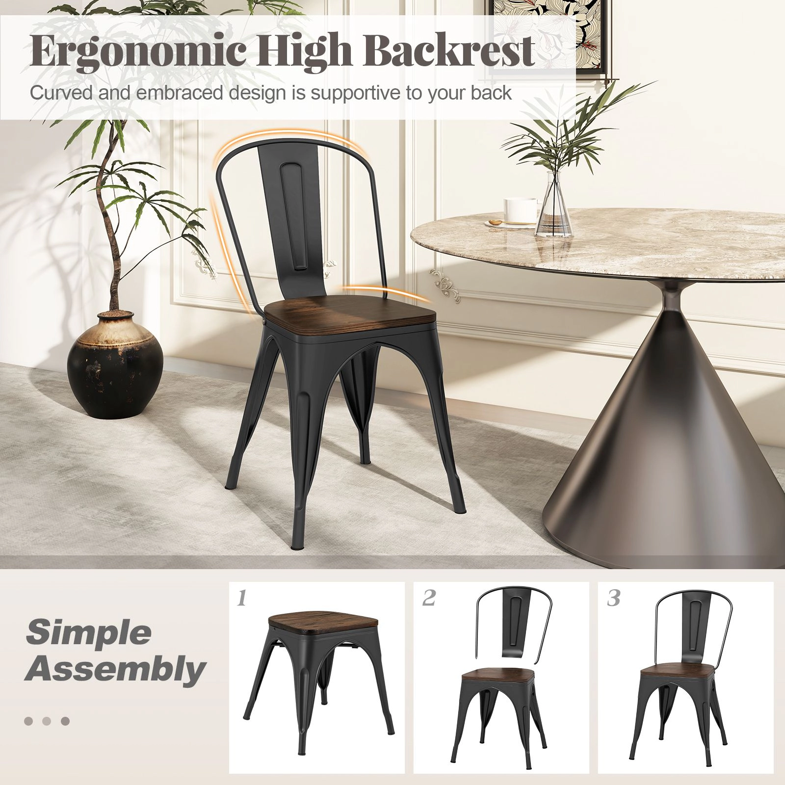 SlickBlue Unisex Set of 4 Metal Dining Chairs with Wood Seats