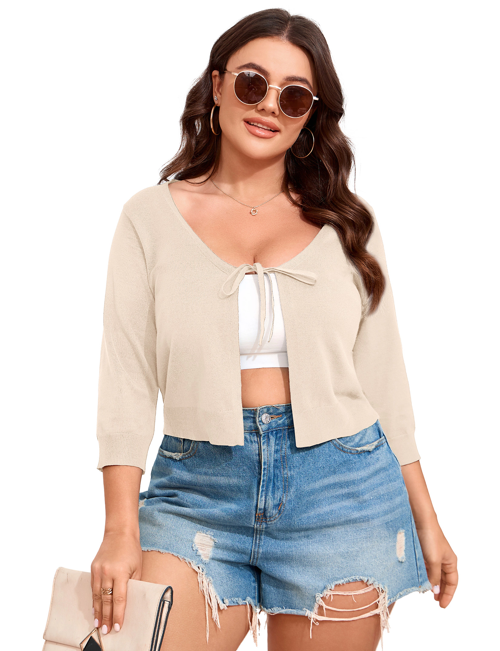 KOJOOIN Women's Plus Cropped Knit Cardigan 3/4 Sleeve Tie Front V Neck Ribbed Trim Bolero Shrug
