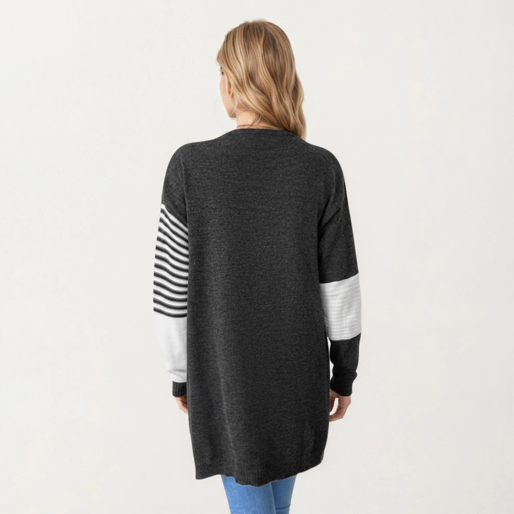 Anna-Kaci Women's Long Sleeve Color Block Striped Knit Cardigan with Front Pockets