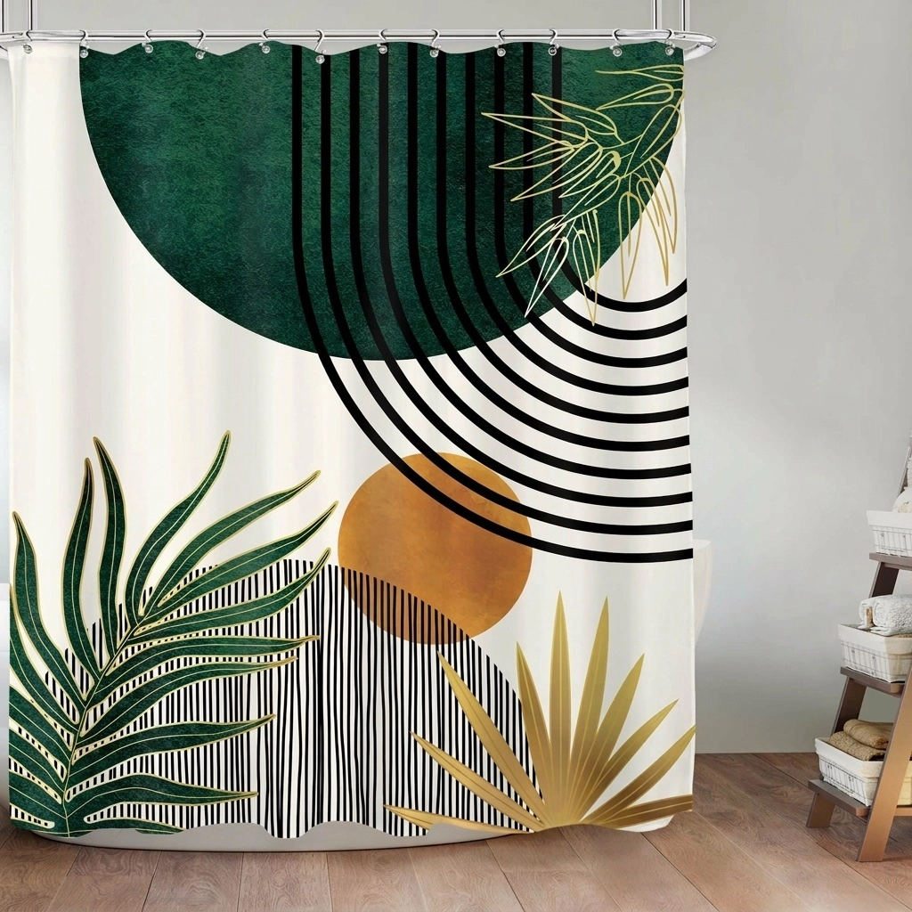 WZK Mid Century Boho Green Leaf Waterproof Polyester Fabric with Hooks Shower Curtain