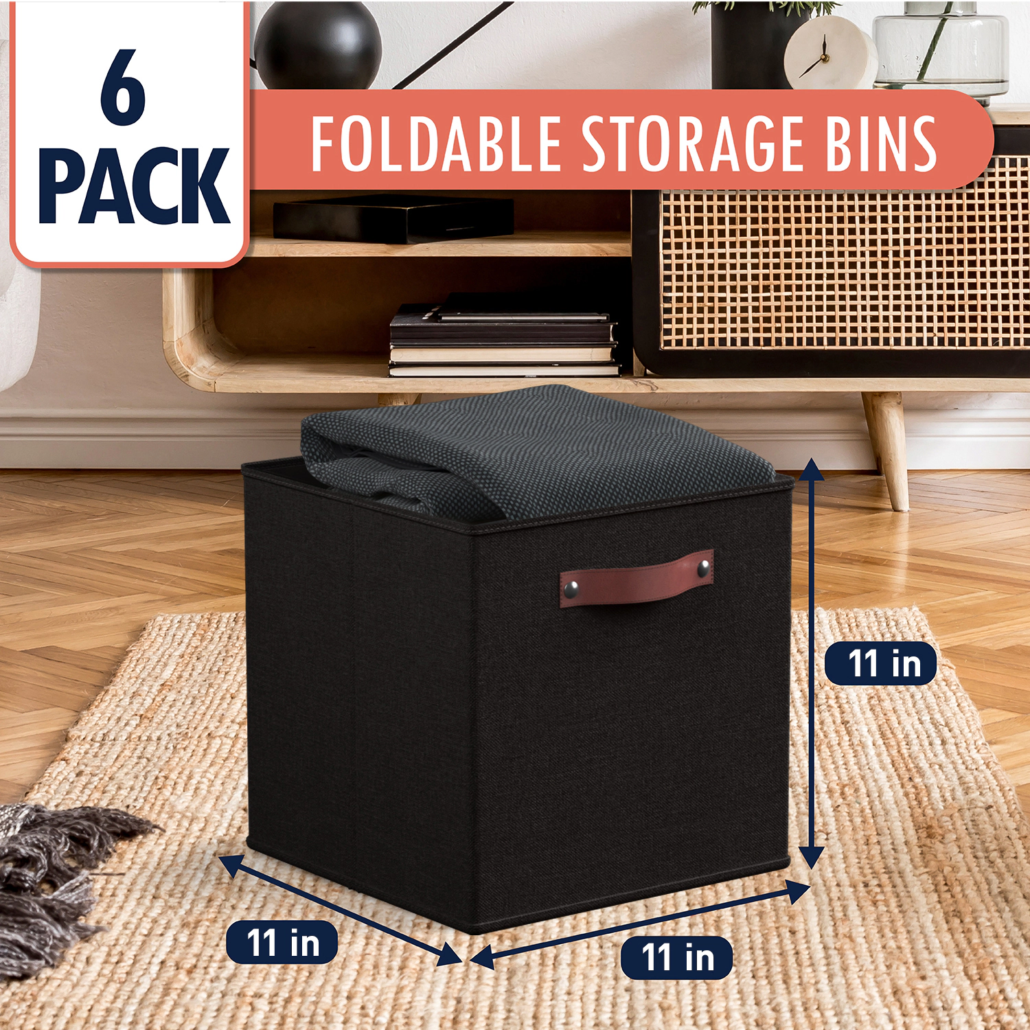 Ornavo Home 6 Pack Collapsible Linen Storage Cube Bin with Leather Handles - 11 Inch
