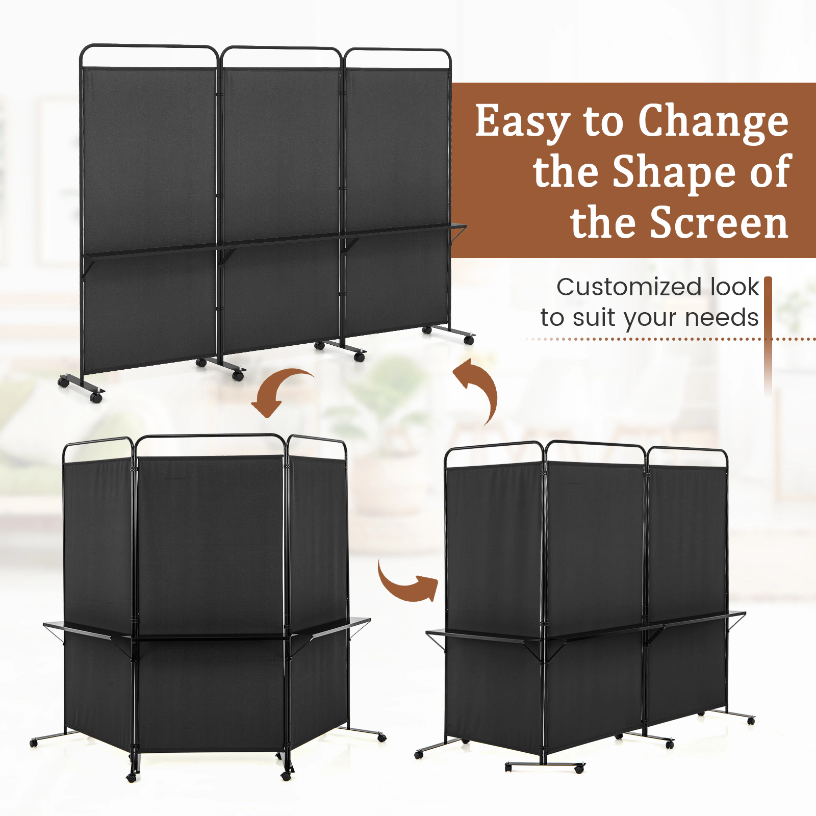 SUGIFT 3-Panel Folding Polyester Fabric 3 Metal Shelves Room Divider Screen 103-in x 18-in x 74-in 8 Wheels Black