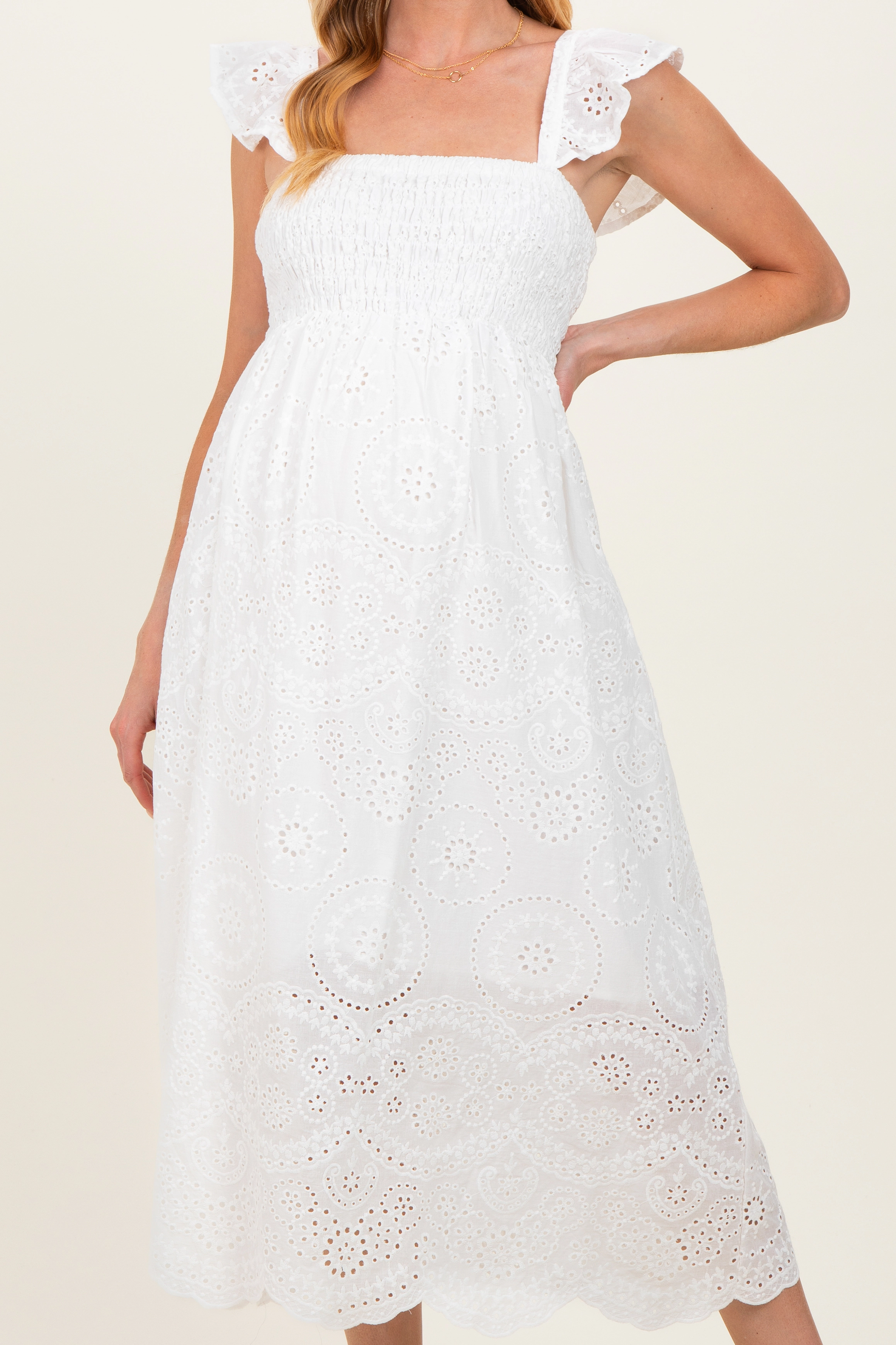 PinkBlush Womens White Embroidered Smocked Cutout Maternity Midi Dress