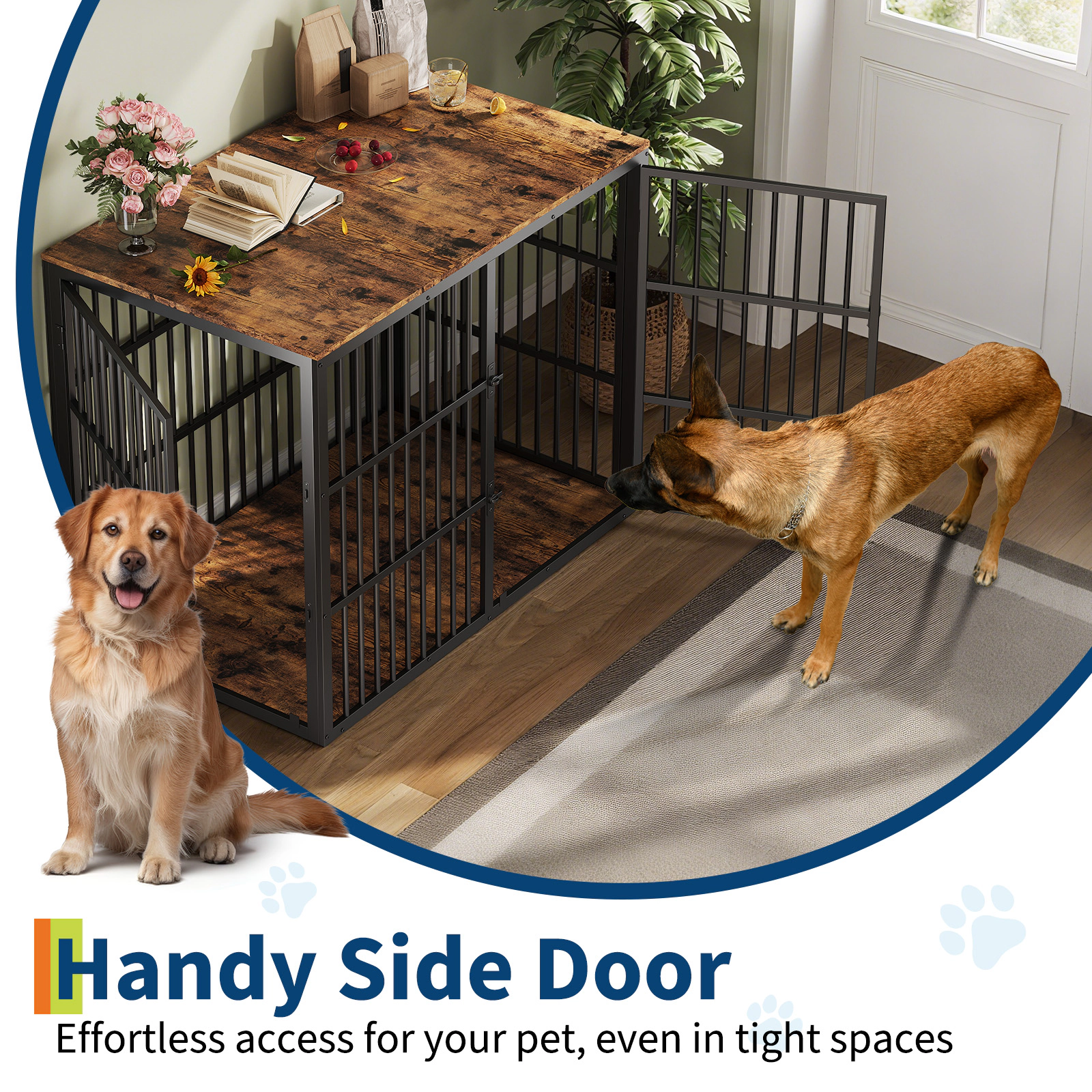 48" 3-in-1 Wooden Dog Crate Furniture with 3 Lockable Doors, Heavy Duty Metal Frame, End Table for Medium Dogs