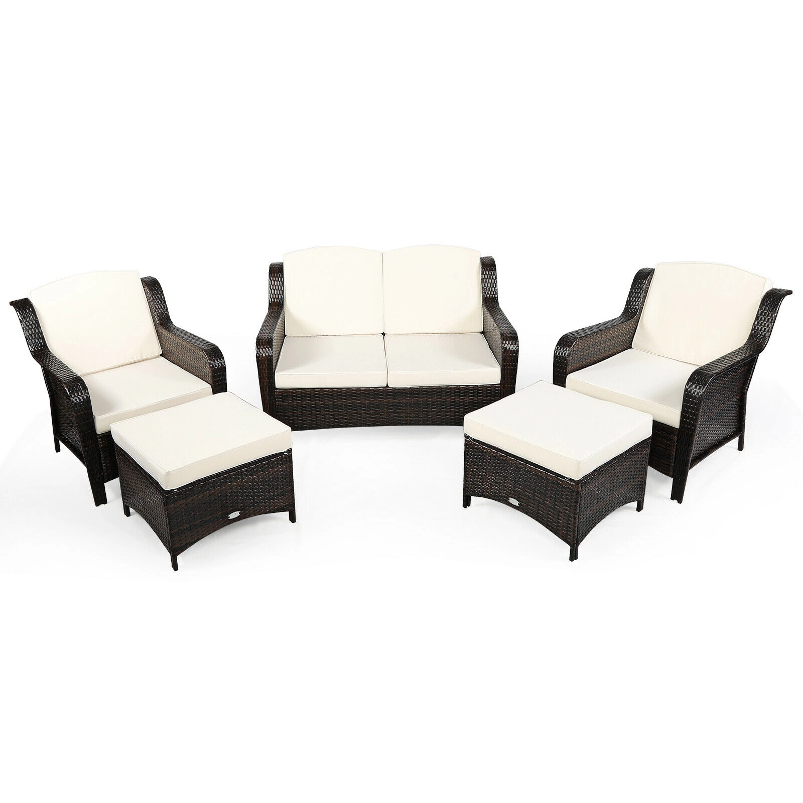LJG 5 Pieces Patio Rattan Sofa Set with Cushion and Ottoman