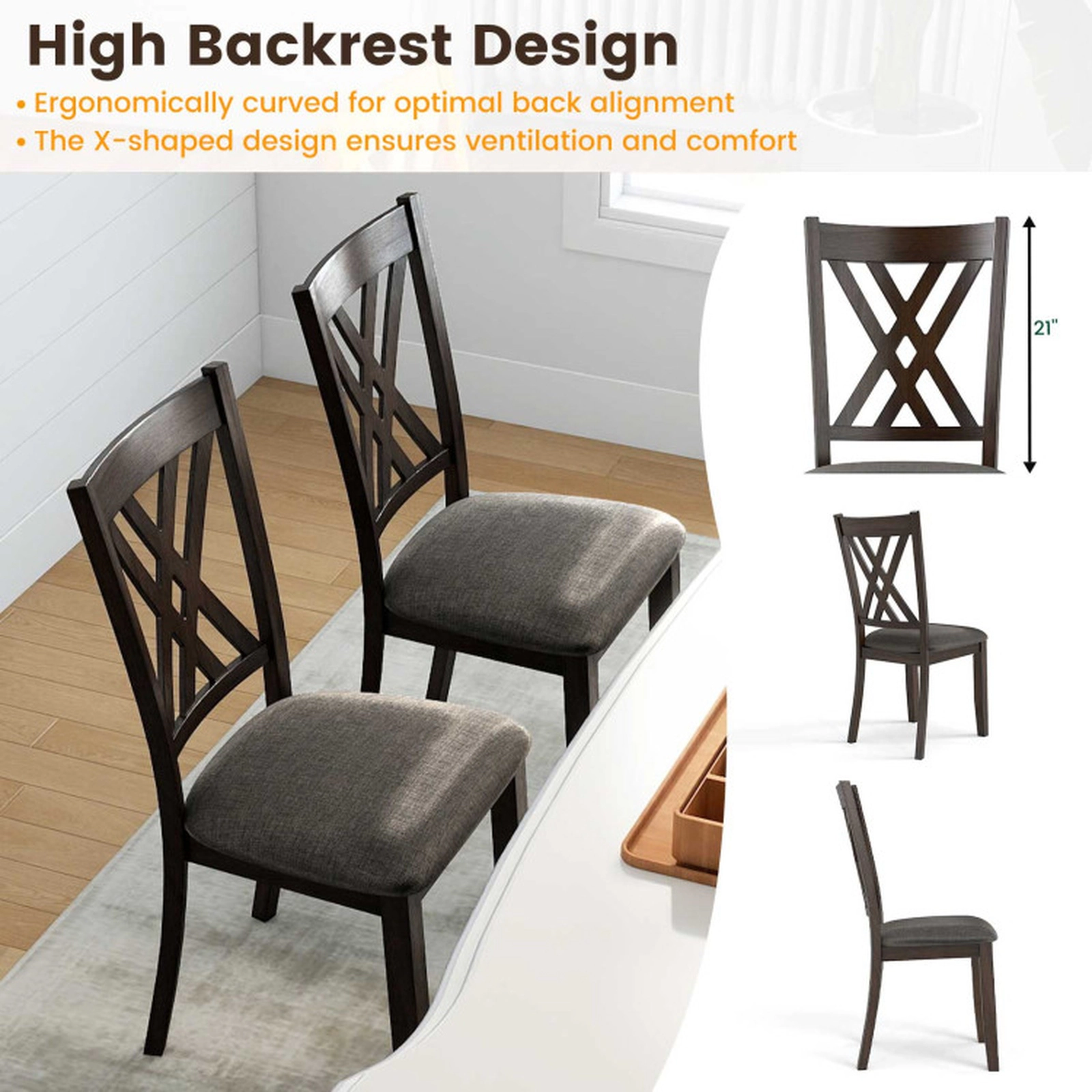 SUGIFT Gray Linen Upholstered X Back Farmhouse Rubber Wood Frame Set of 4 Dining Chairs