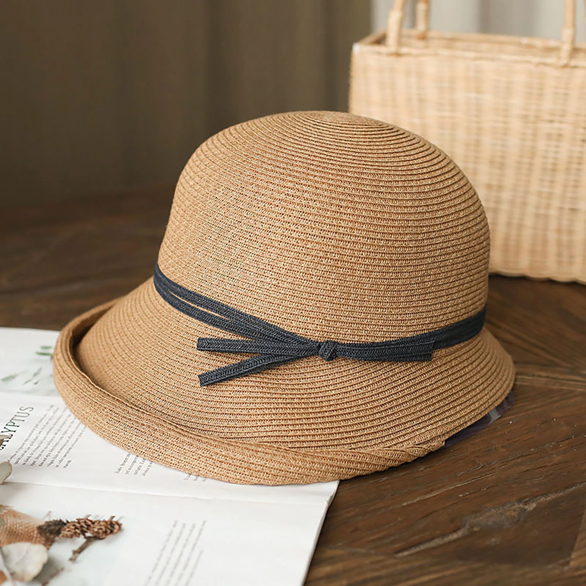 Anna-Kaci Women's Womens Packable Straw Cloche Hat with Ribbon Band