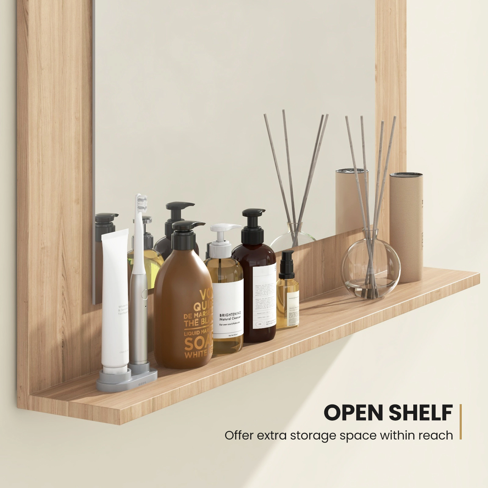 SUGIFT Wall-Mount Rectangle Bathroom Mirror with Storage Shelf 23.5 x 17.5 in Brown Wood Frame