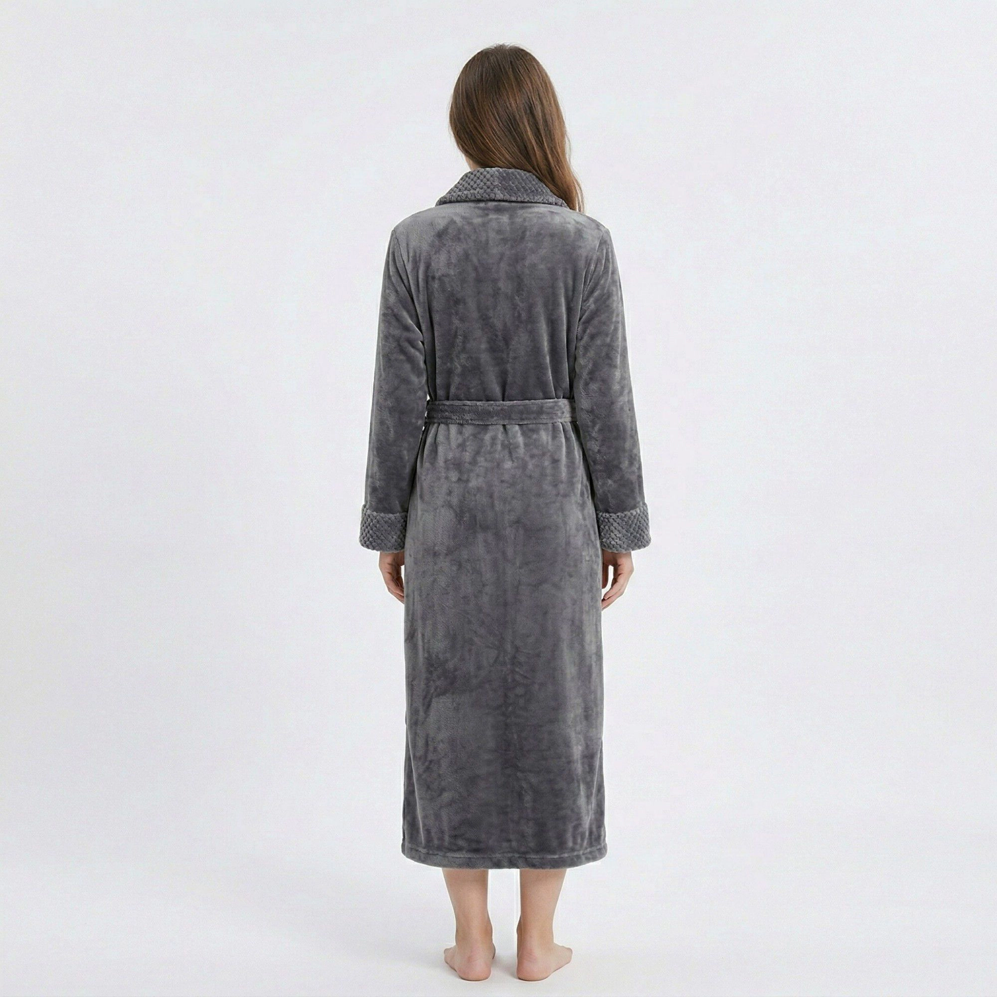 Anna-Kaci Women's Plush Long Sleeve Shawl Collar Bathrobe with Waist Tie Belt and Front Patch Pockets