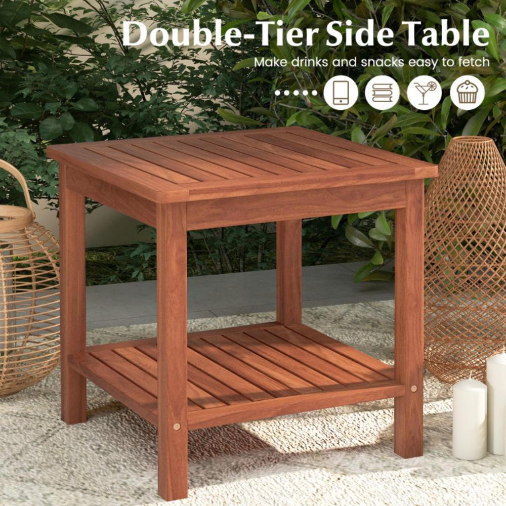 Hivvago Set Of 2 Double-Tier Acacia Wood Patio Side Table With Slatted Tabletop And Shelf