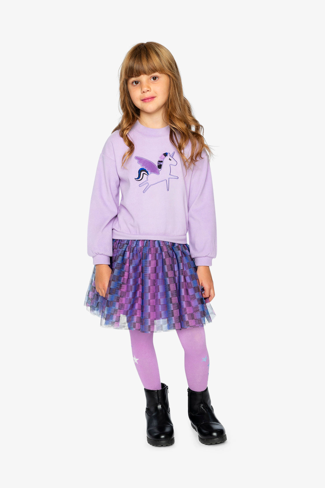 Deux par Girls Unicorn Embroidered Bi-Material Dress