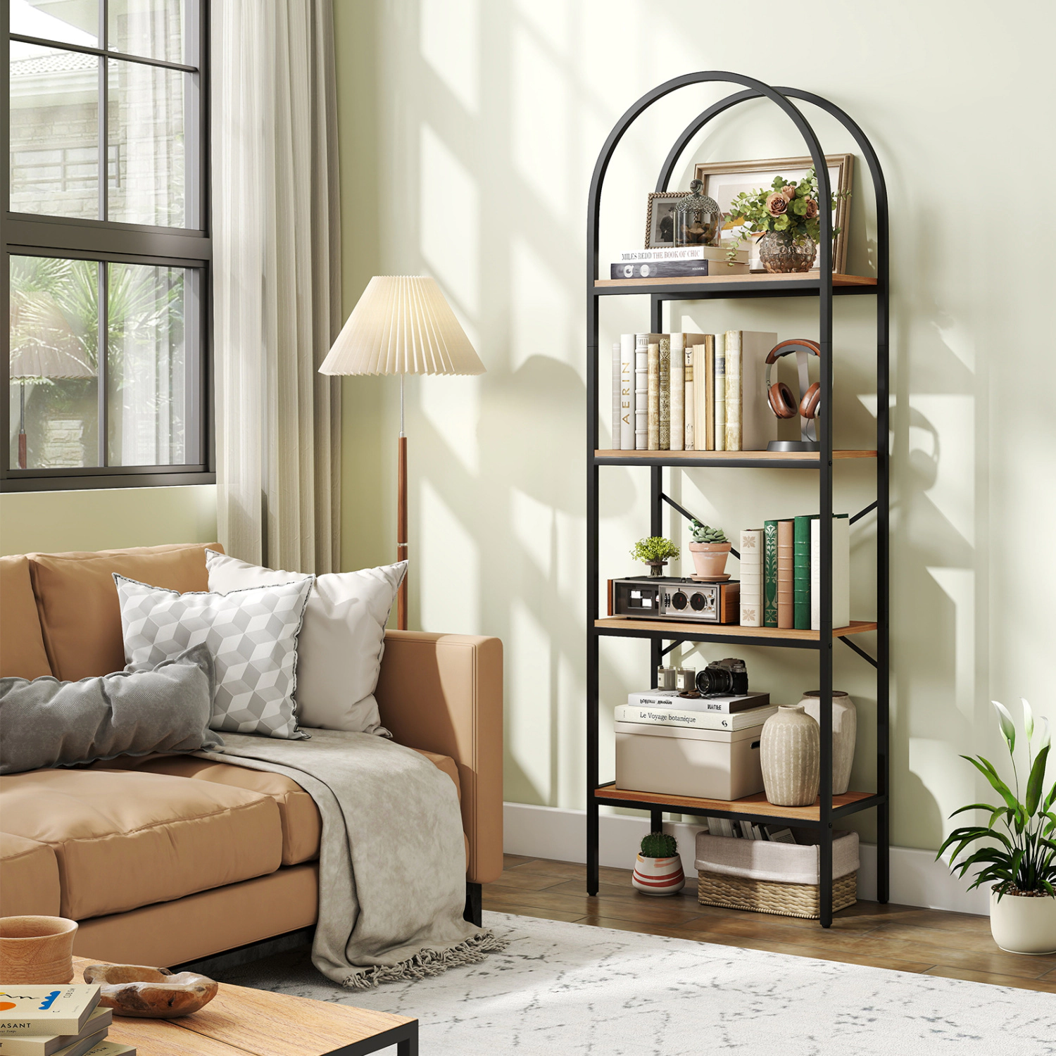 LJG 71" Tall Arched Bookcase 4-Tier with Storage Shelves & Metal Frame for Home Office