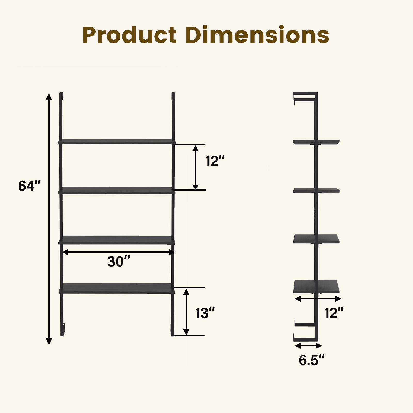 SUGIFT 4-Tier Wall Mounted Ladder Bookcase 44-lb Shelf Capacity Black Rustic Brown