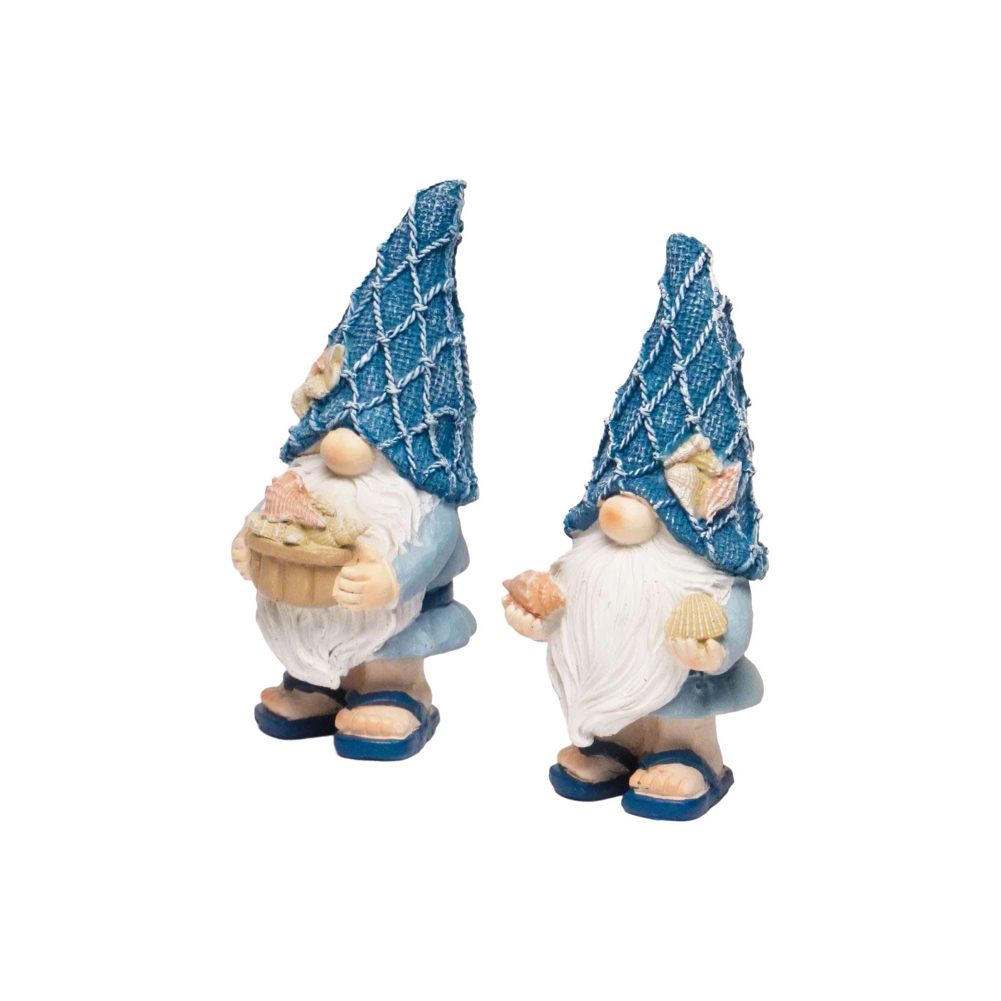 G128 Coastal Gnome Statue Set of 2 - 7 in Beach-Themed Resin Gnome Figurines for Home and Garden