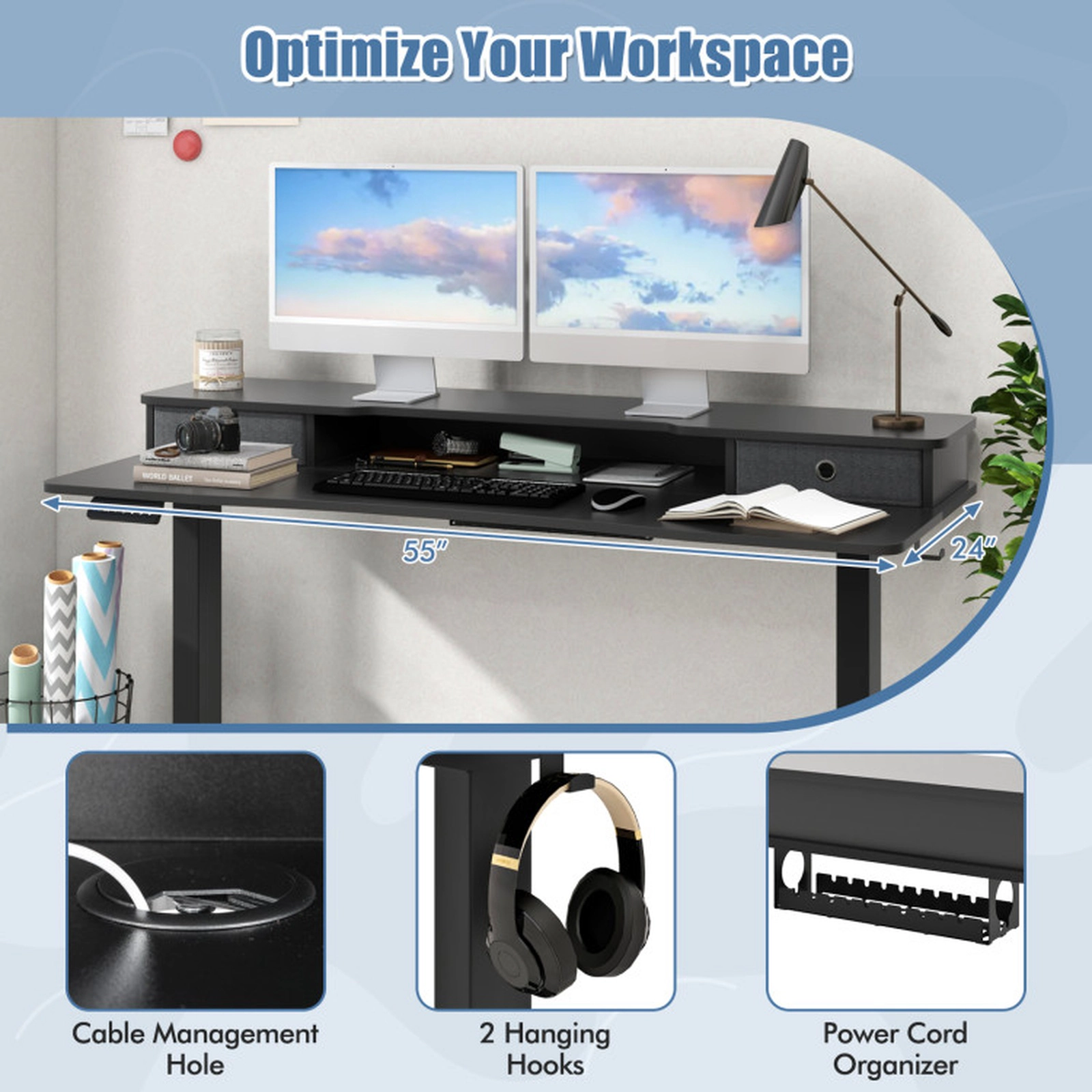 SUGIFT Monitor Shelf and 2 Drawers 55 x 24 Electric Height Adjustable Standing Desk