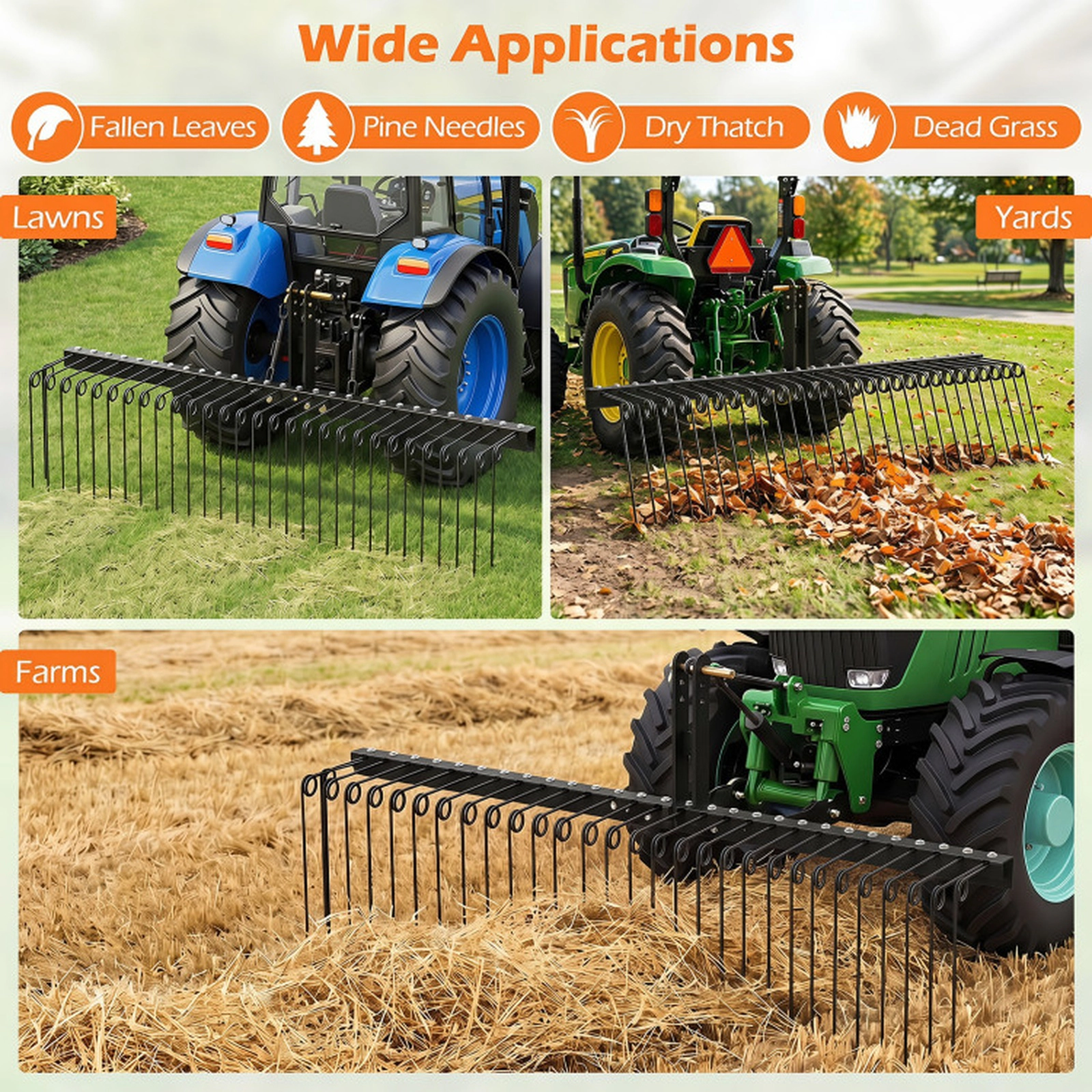 SUGIFT Black Metal Tow Behind Pine Straw Rake with 30 Adjustable Coil Tines 72-in W 16.5-in D 31-in H