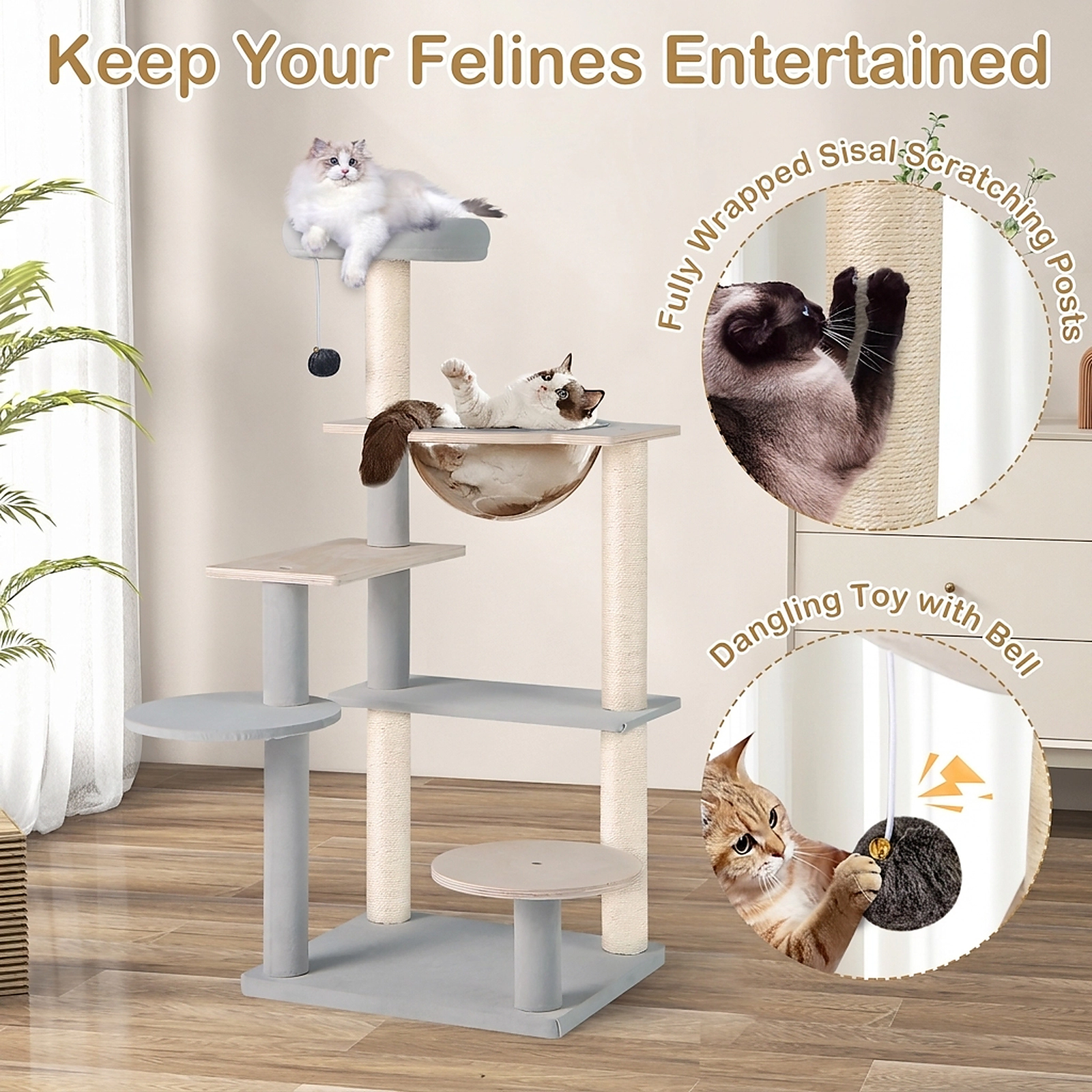SUGIFT 44-in Natural Modern Cat Tree Tower with Transparent Space Capsule Padded Perch and Sisal Posts