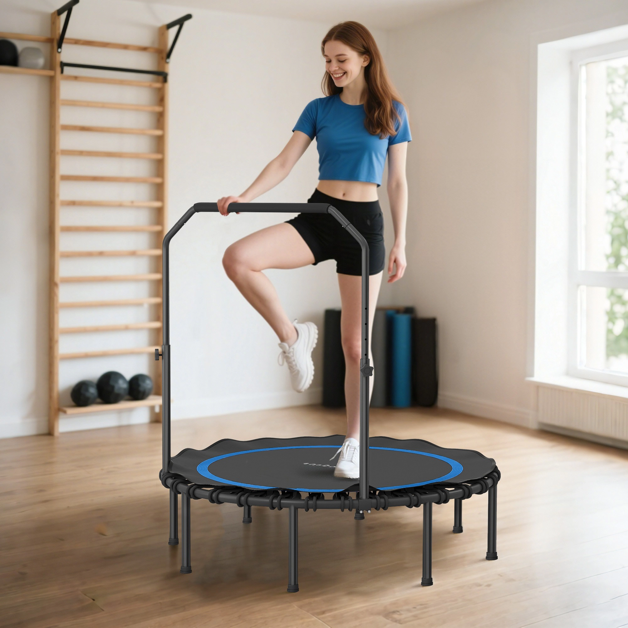 HONGGE 48" Rebounder Trampoline for Adults Foldable Mini with Adjustable Handle Bar Indoor Outdoor