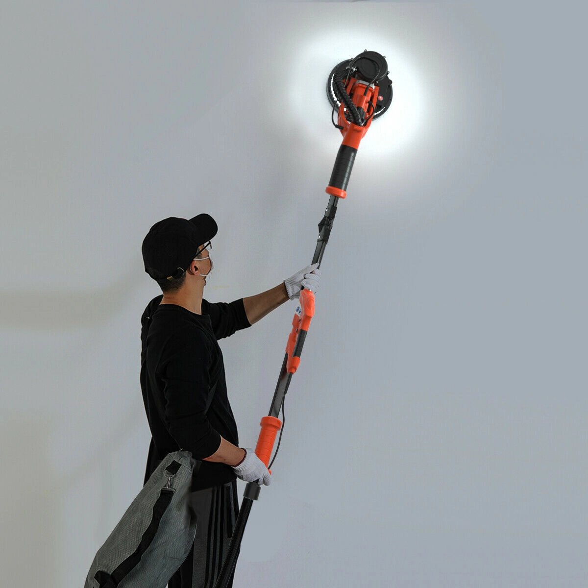 SUGIFT Electric Foldable Drywall Sander 750W Variable Speed with Automatic Vacuum and LED Light Orange Black