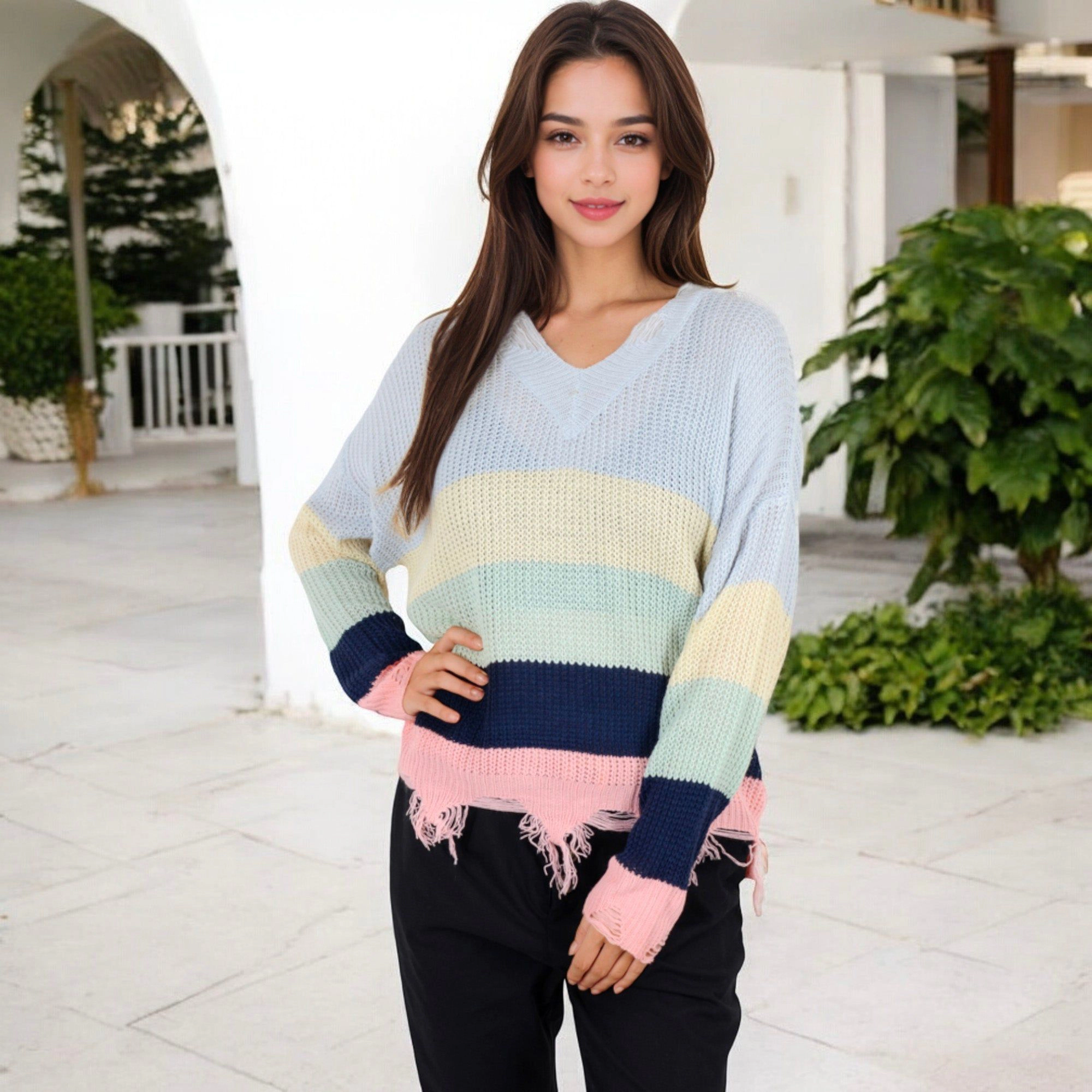 Anna-Kaci Women's Distressed Knit Sweater V-Neck Striped Pattern for Casual Everyday Layering