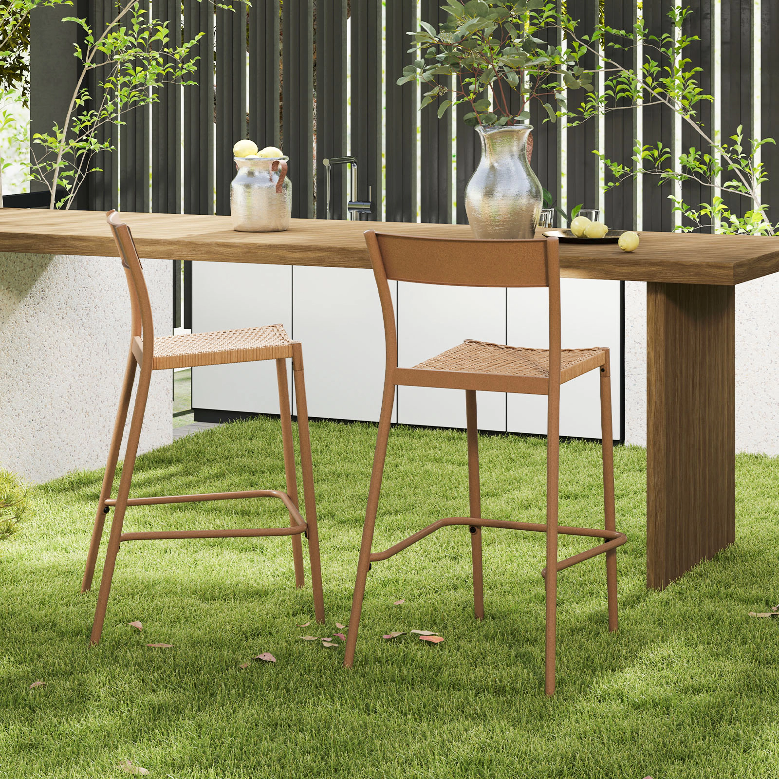 SUGIFT Woven Rattan Seat and Metal Backrest 360-lb Set of 2 Light Brown Patio Bar Stools