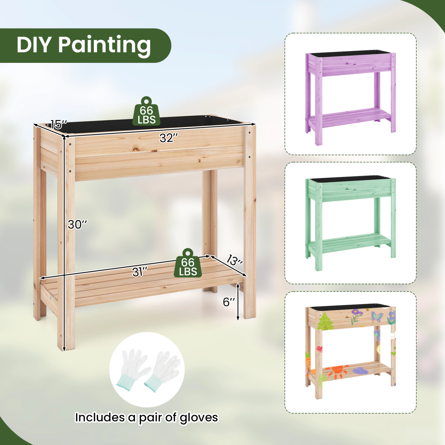 LJG Wooden Raised Garden Bed with Legs and Storage Shelf