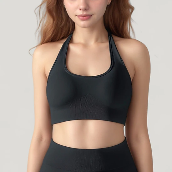 Anna-Kaci Women's Seamless Halter Neck Athletic Crop Top with Ribbed Detailing