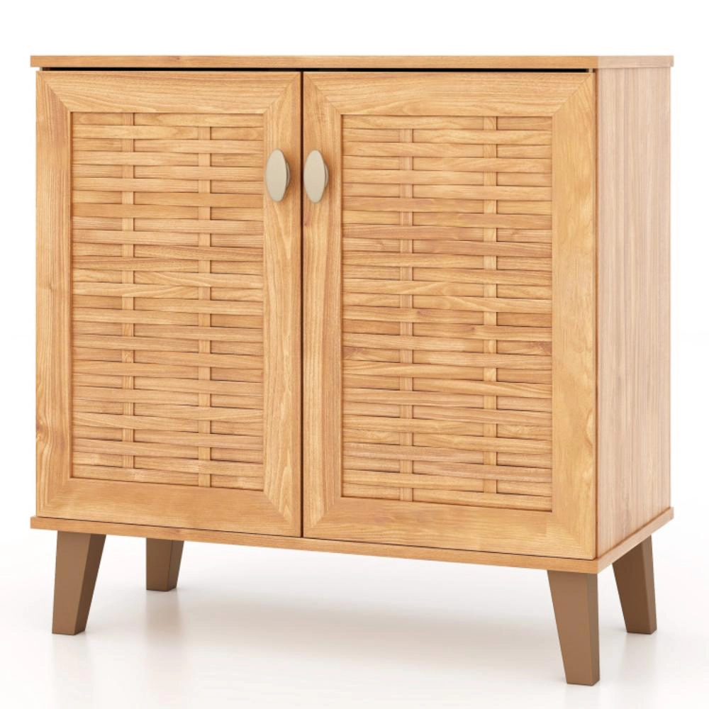 Hivvago 2-Door 4-Tier Shoe Cabinet Storage Organizer with Ventilated Woven Doors-Teak