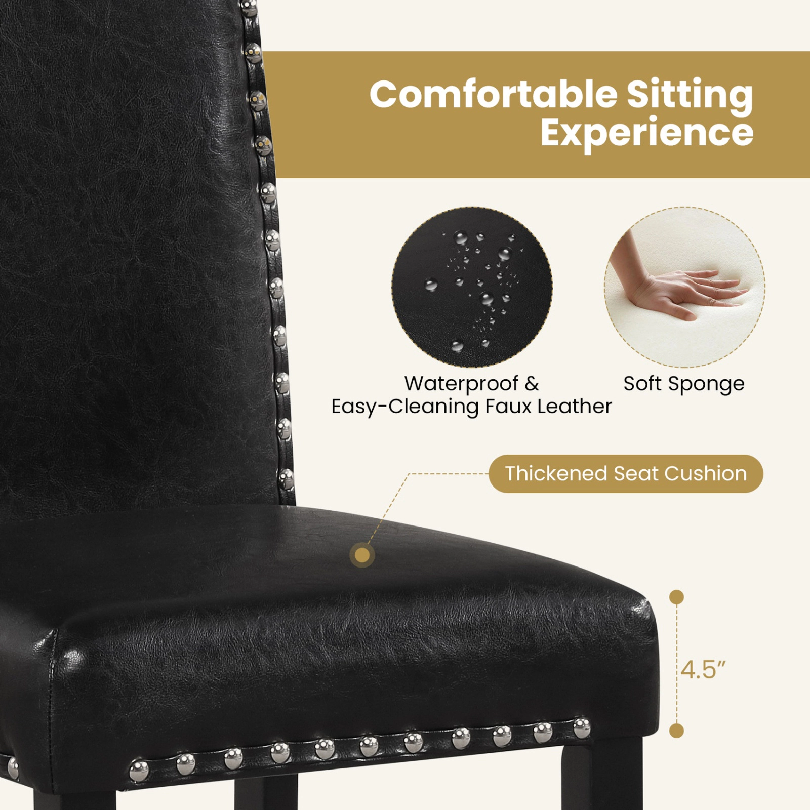 SUGIFT Set of 4 Dining Chairs with Solid Rubber and Bent Wood Legs 400-Lb Capacity Black Faux Leather