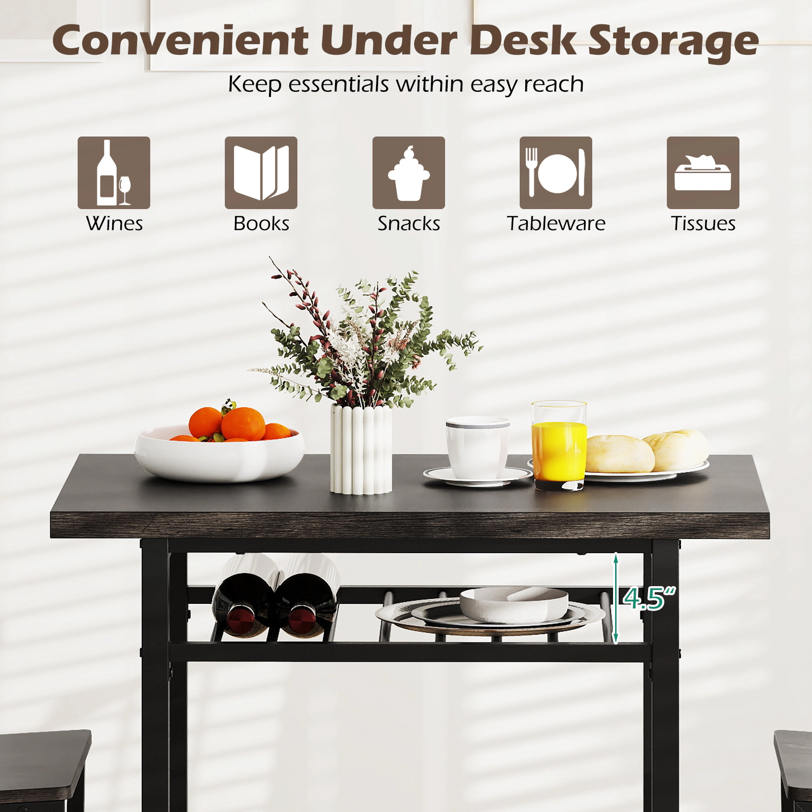 SUGIFT 3-Piece Engineered Wood and Metal Dining Table Set with Storage Shelf 200-lb Table 330-lb Chairs Gray