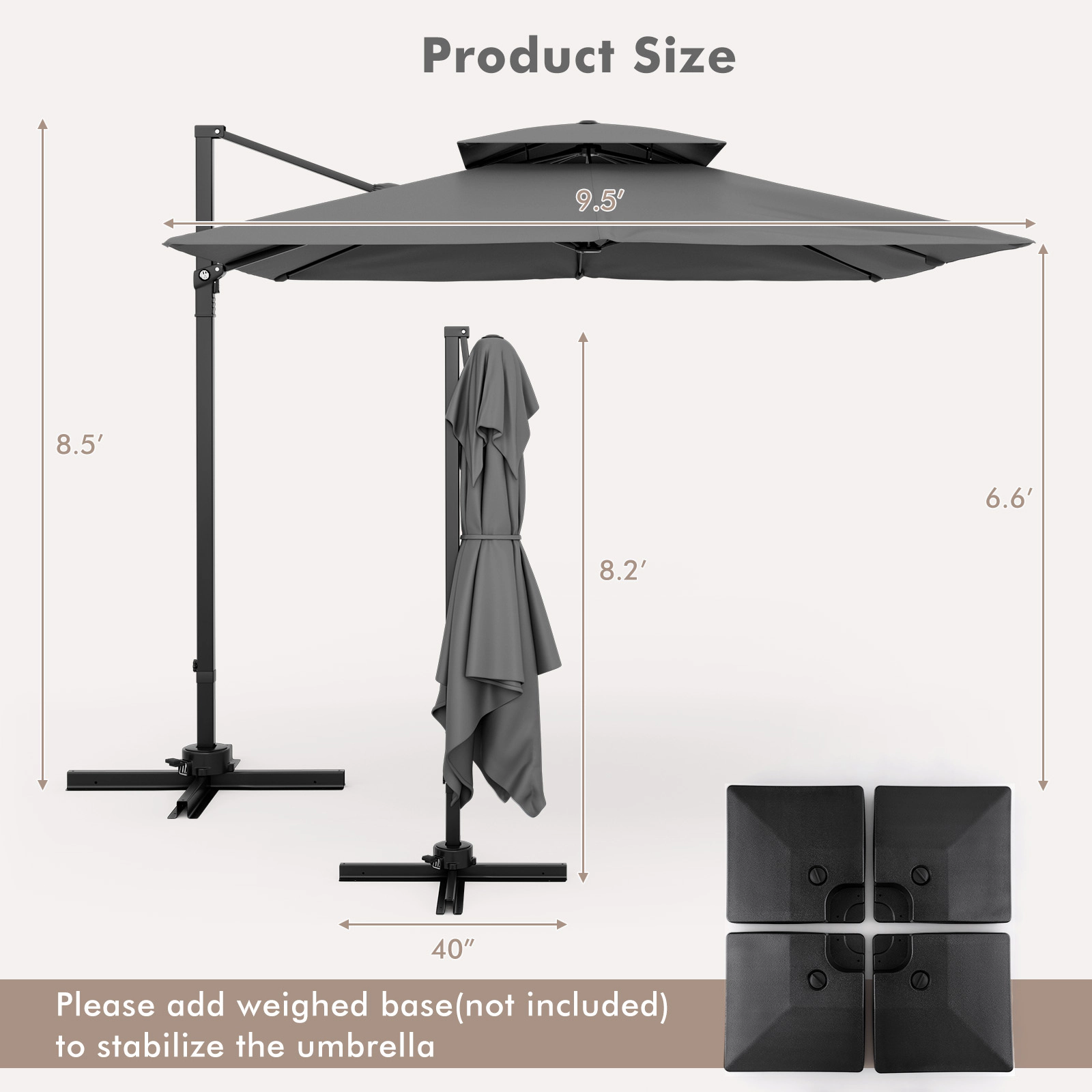 SUGIFT 9.5-ft Gray Offset Cantilever Patio Umbrella with Foot Pedal, 360-Degree Rotation and Vented Double Top
