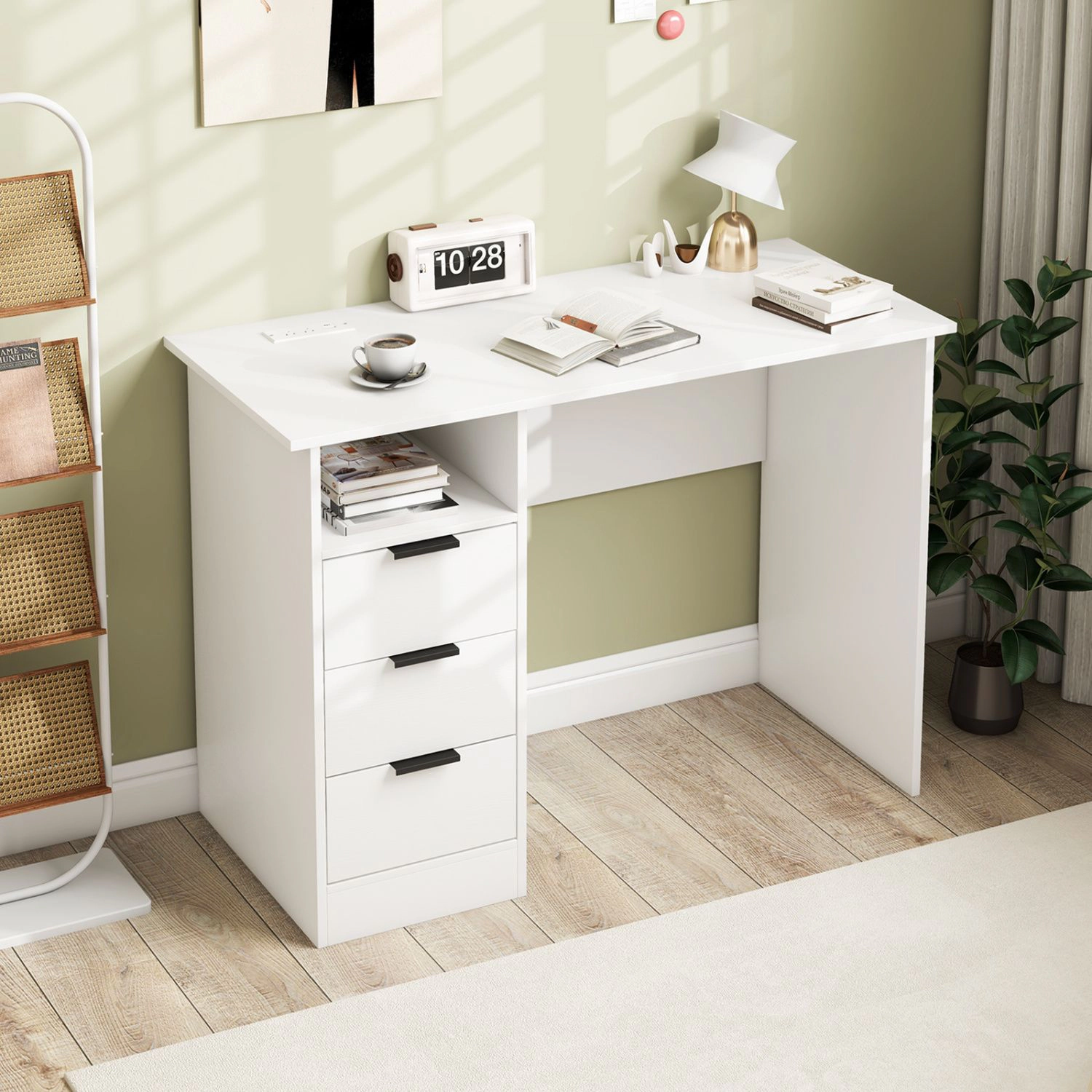 SlickBlue Modern Writing Desk with 3 Drawers, Storage and Power Outlets