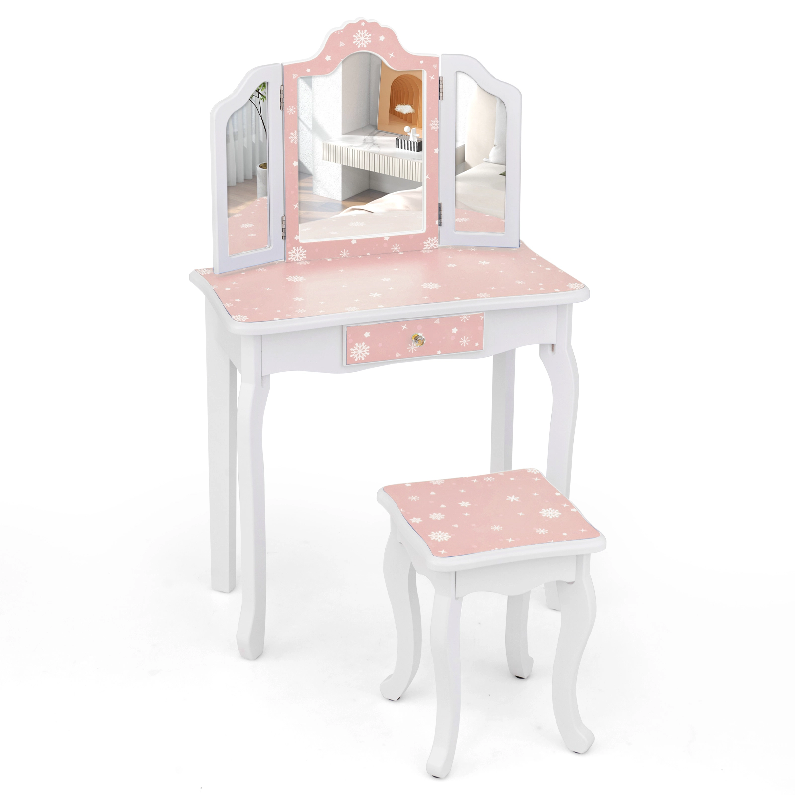 SUGIFT Princess Pretend Play Makeup Vanity Table & Stool Set with Tri-folding Mirror 110-lb Stool Capacity Ages 3-7 Pink