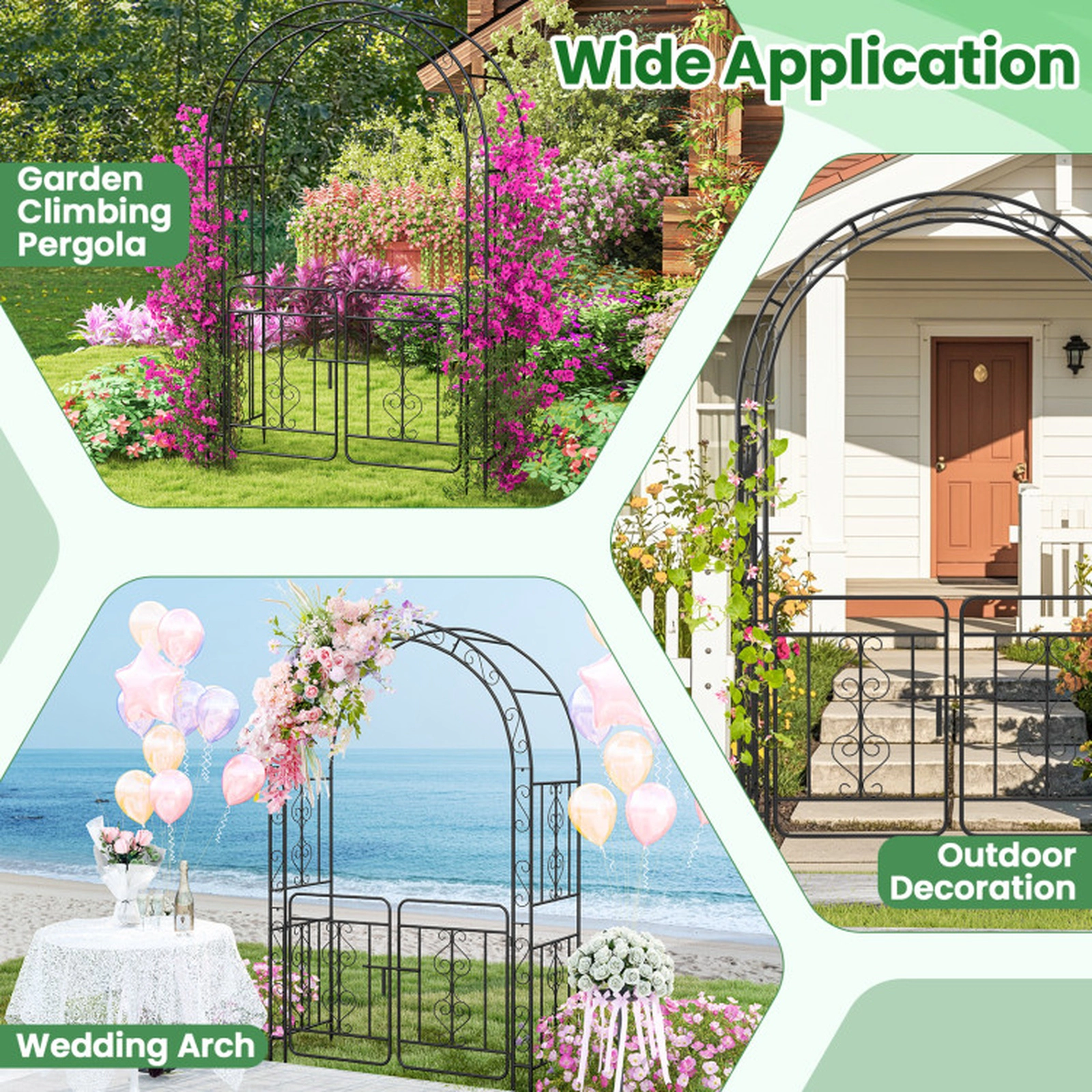 SUGIFT Black Galvanized Metal Garden Arbor with Gate Side Crossbars and 4 Ground Stakes 54-in W 23-in D 84-in H