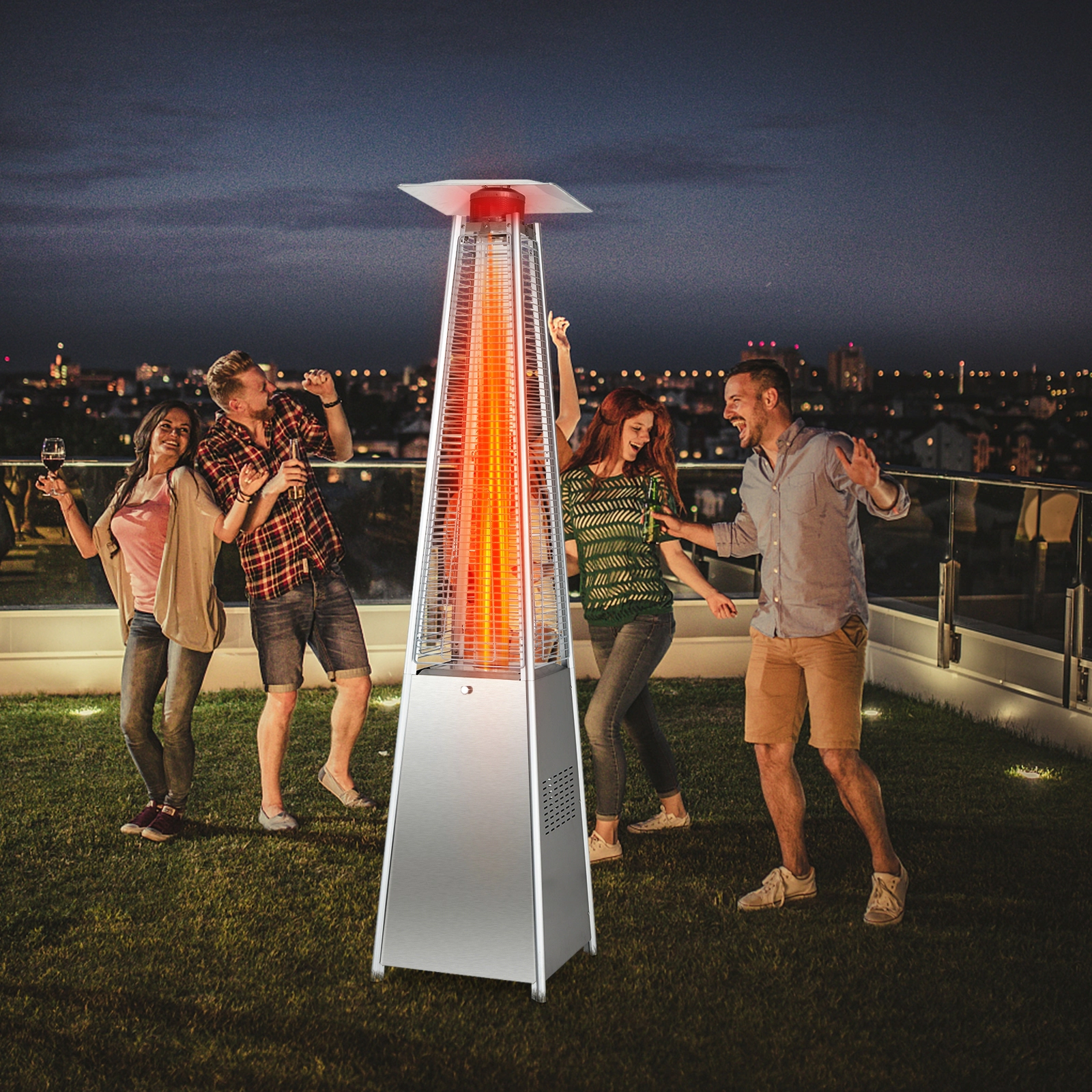 SUGIFT 42000 BTU Pyramid Patio Heater with Reflective Cover Stainless Steel Burner 90-in Tall Silver with Wheels