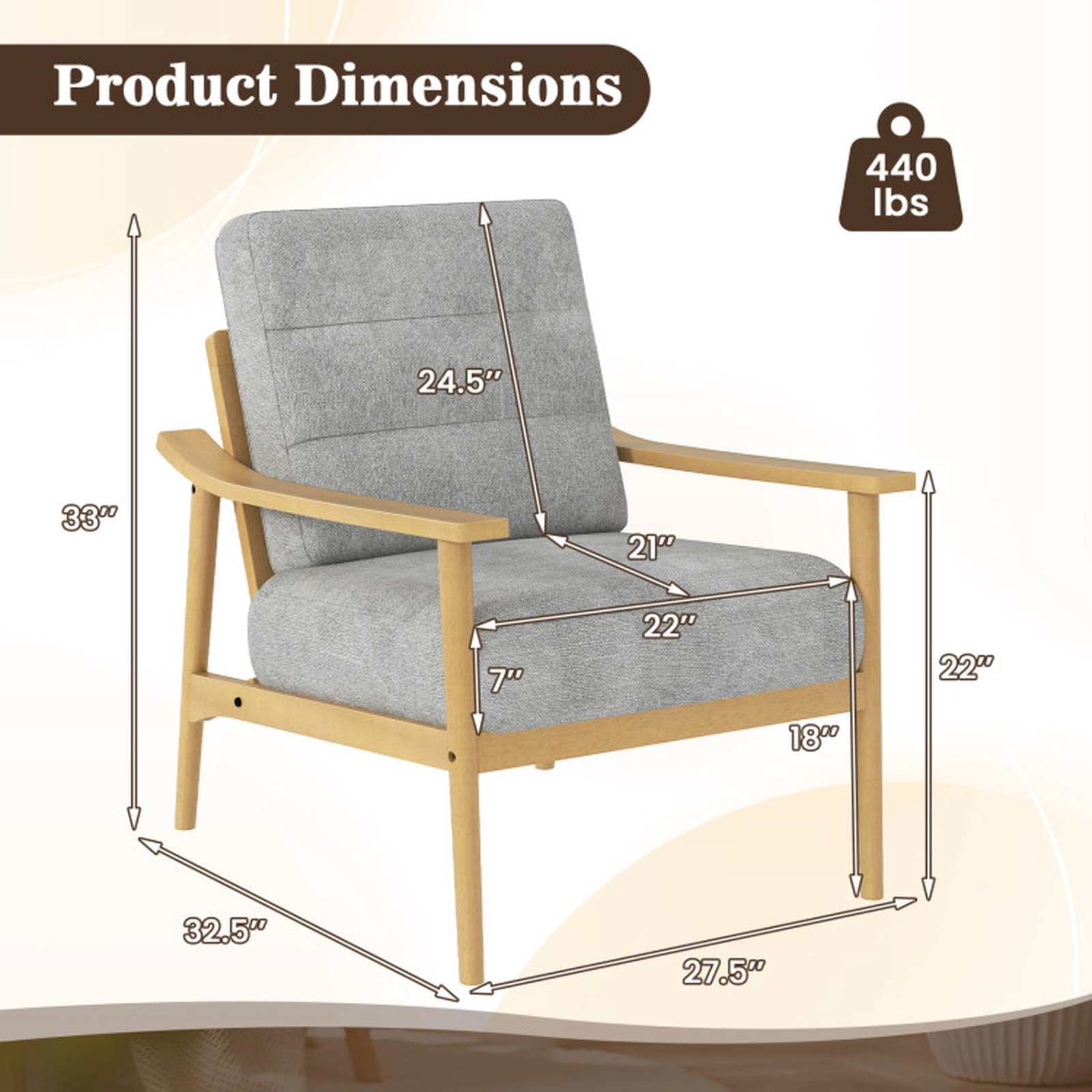 SUGIFT Gray Rubber Wood Armrests and Machine-Washable Back Cushion 440-lb Modern Accent Chair